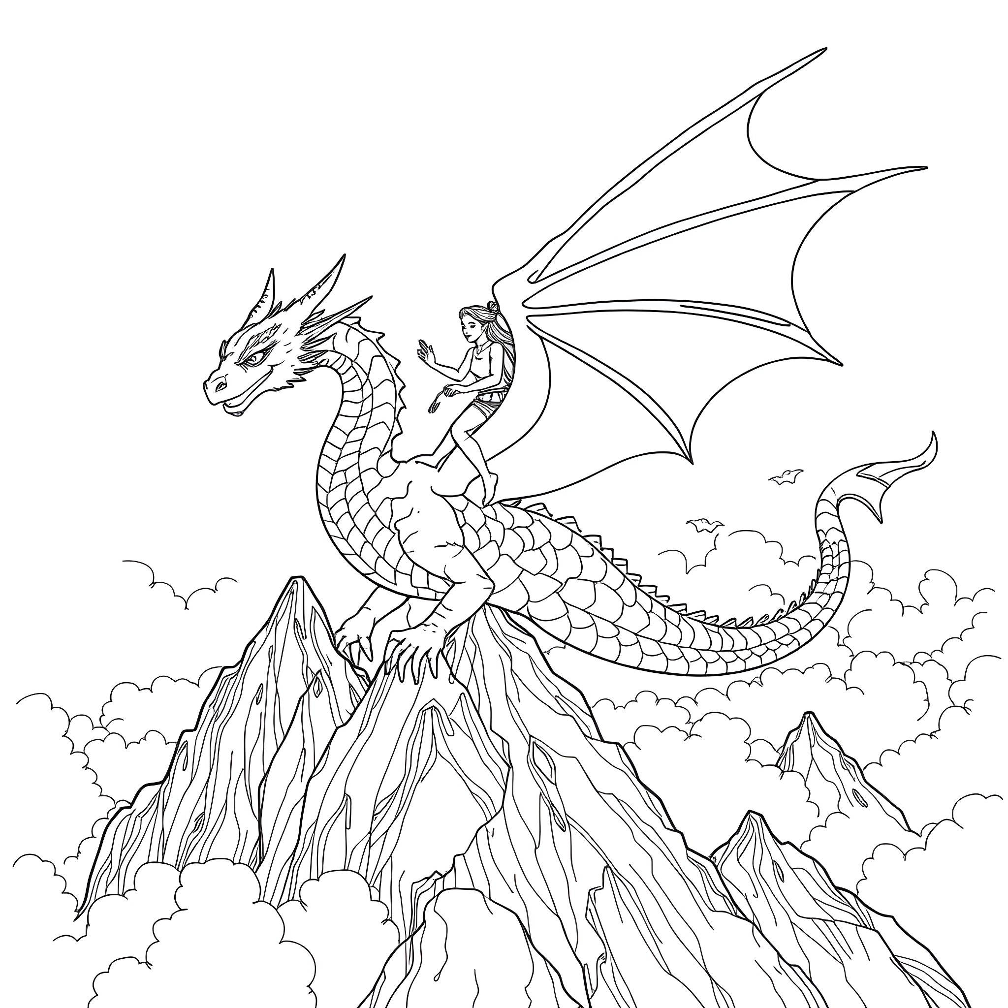 Elena riding a majestic dragon over mountain peaks Coloring Page (free black-and-white line drawing printable PDF for all, from beginners to advanced learners, including children, teens, adults, and seniors)