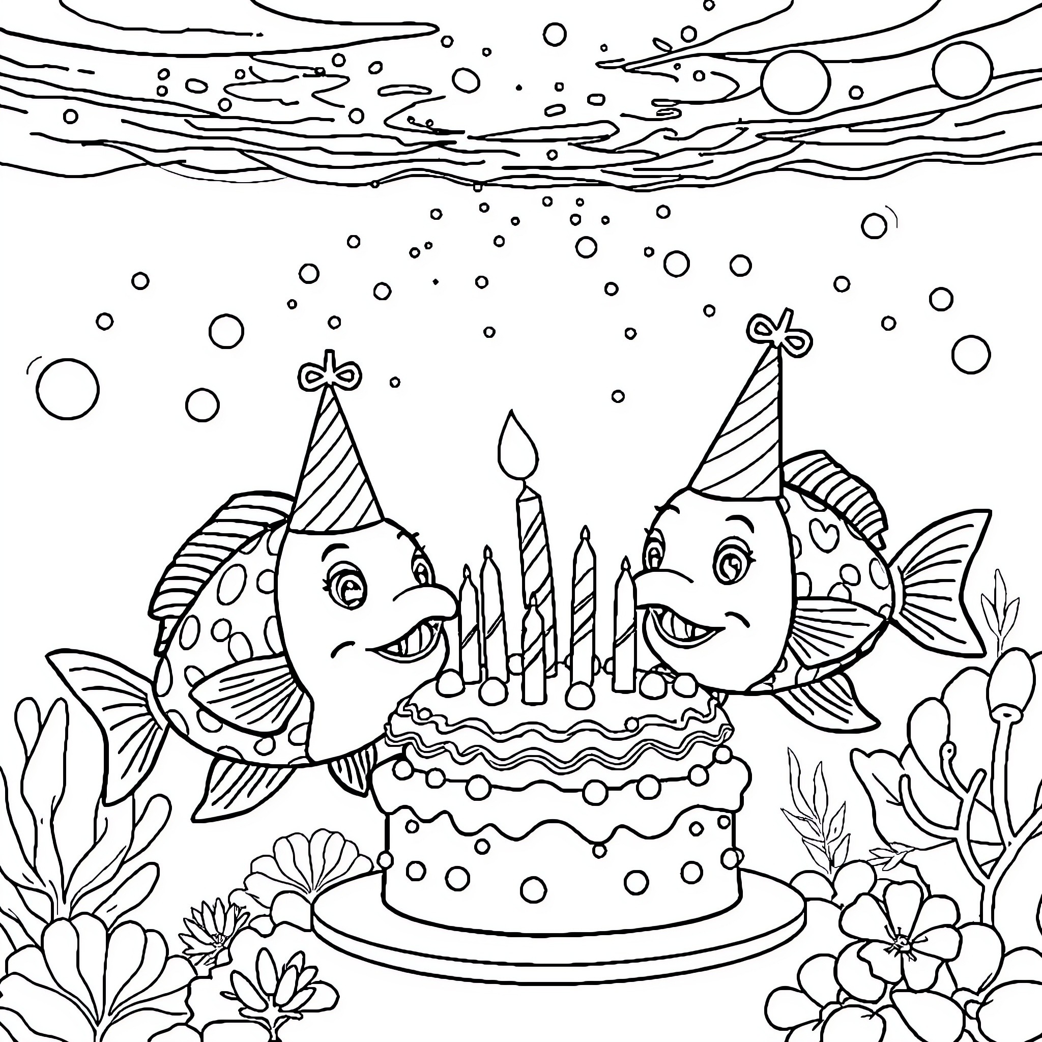 Fish celebrating birthday with cake and balloons Coloring Page (free black-and-white line drawing printable PDF for all, from beginners to advanced learners, including children, teens, adults, and seniors)