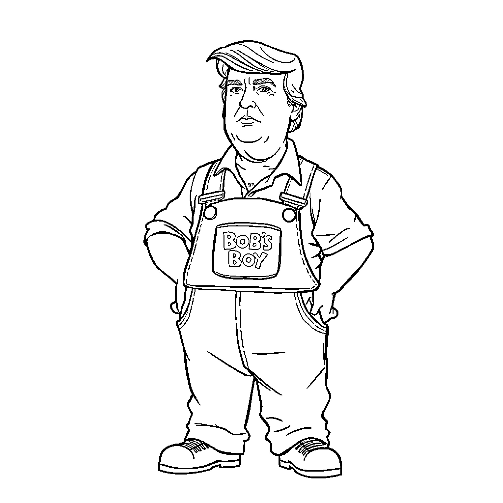 Donald Trump Depicted as a Farmer Boy Coloring Page (free black-and-white line drawing printable PDF for all, from beginners to advanced learners, including children, teens, adults, and seniors)