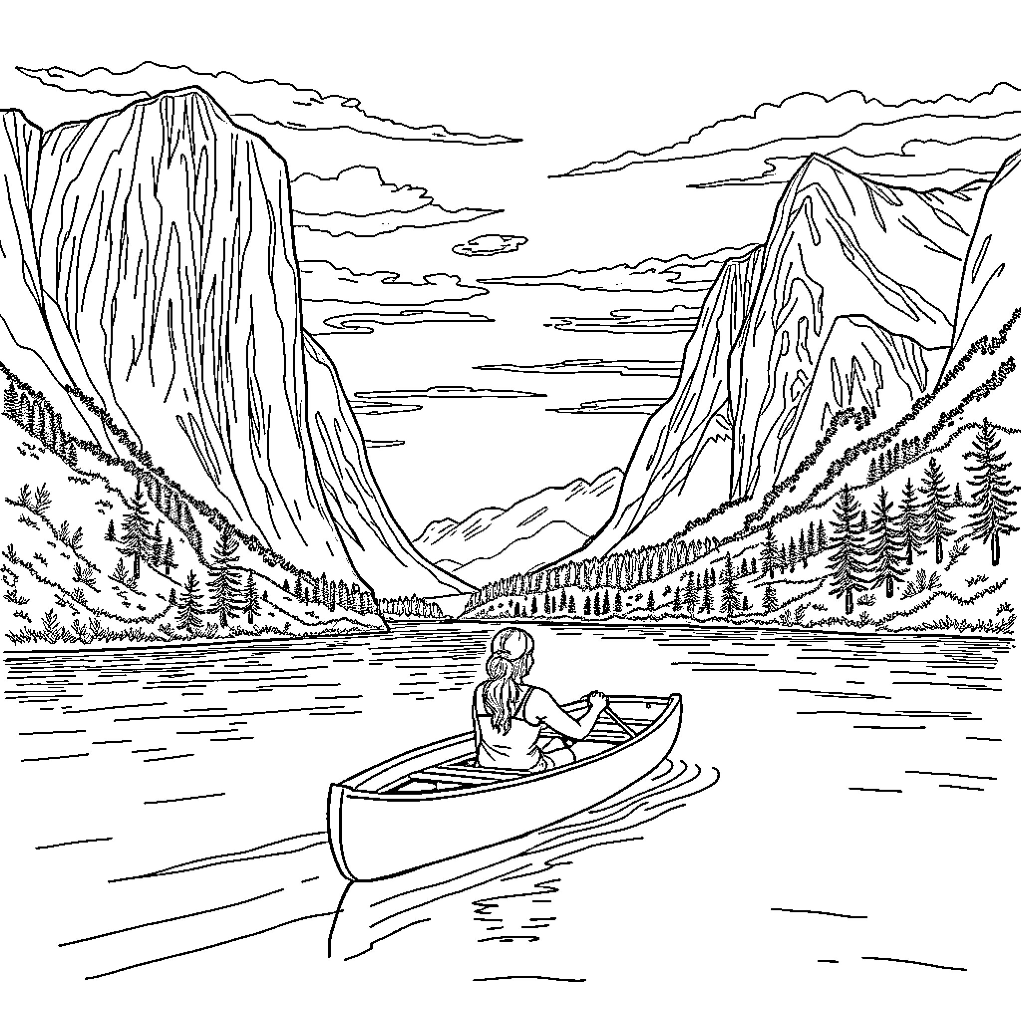 Woman relaxing in a boat on a serene lake Coloring Page (free black-and-white line drawing printable PDF for all, from beginners to advanced learners, including children, teens, adults, and seniors)