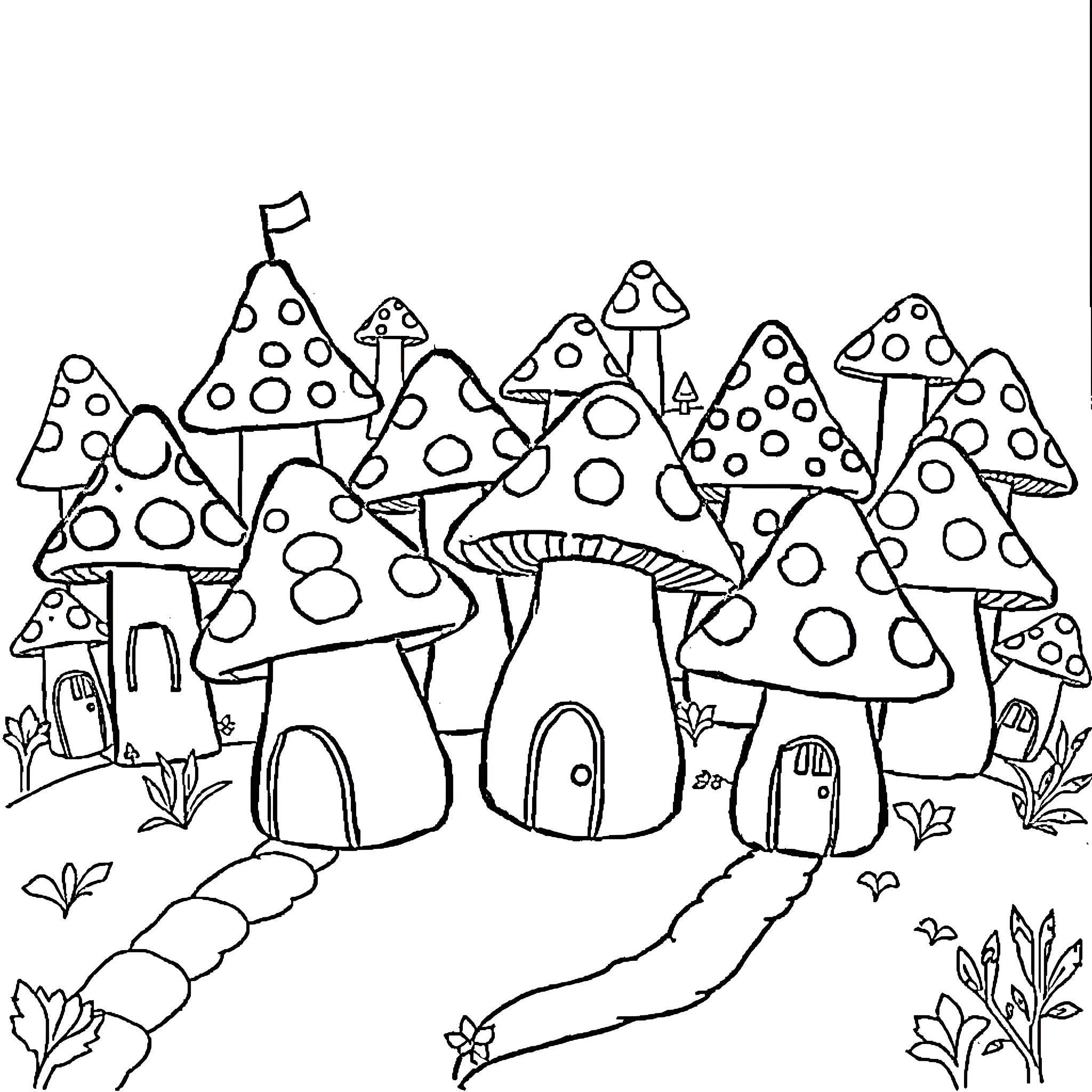 Mushroom houses and dwellings in the whimsical forest Coloring Page (free black-and-white line drawing printable PDF for all, from beginners to advanced learners, including children, teens, adults, and seniors)