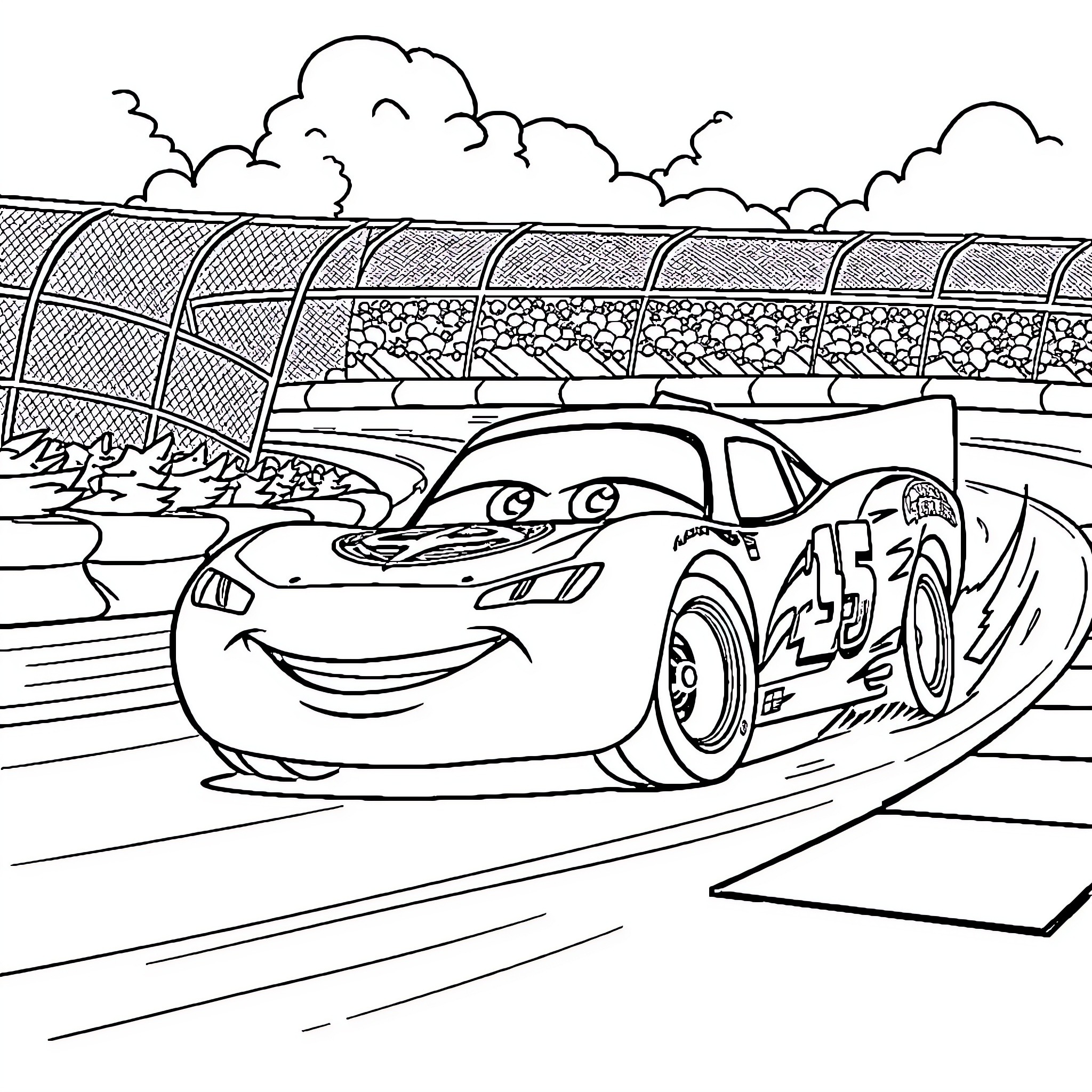 Lightning McQueen racing on the track Coloring Page (free black-and-white line drawing printable PDF for all, from beginners to advanced learners, including children, teens, adults, and seniors)