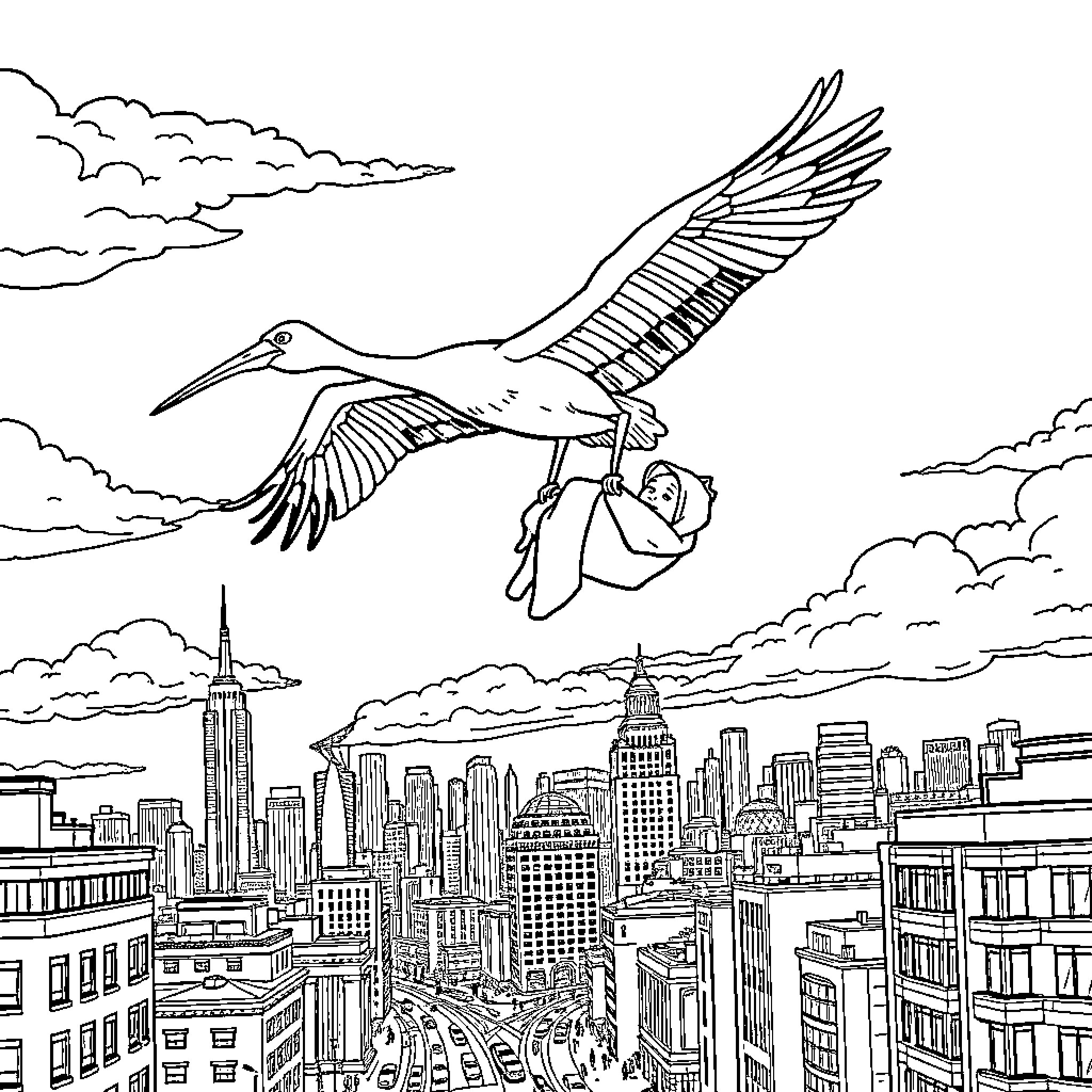 Stork delivering a bundle over the city skyline Coloring Page (free black-and-white line drawing printable PDF for all, from beginners to advanced learners, including children, teens, adults, and seniors)