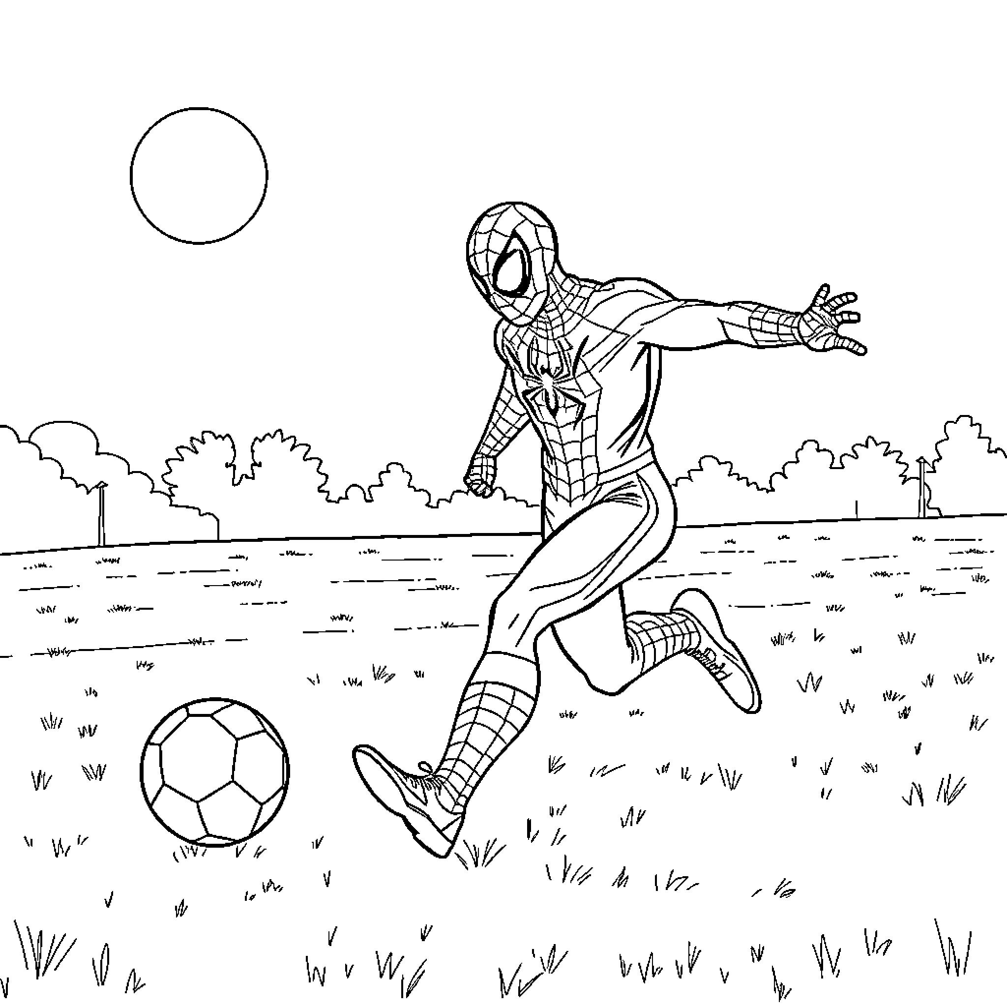 Spiderman playing with soccer ball in the park Coloring Page (free black-and-white line drawing printable PDF for all, from beginners to advanced learners, including children, teens, adults, and seniors)
