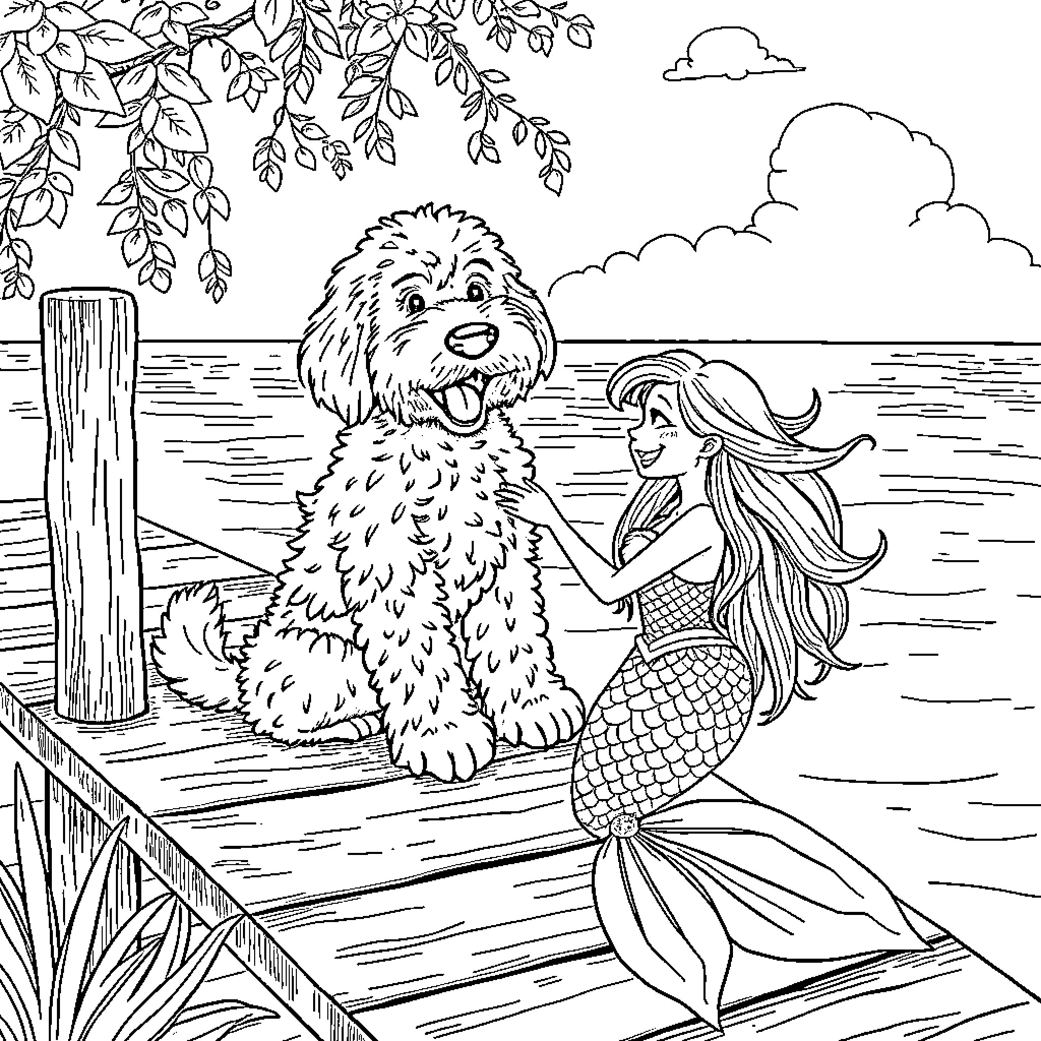 Labradoodle playing with mermaid on lake pier Coloring Page (free black-and-white line drawing printable PDF for all, from beginners to advanced learners, including children, teens, adults, and seniors)