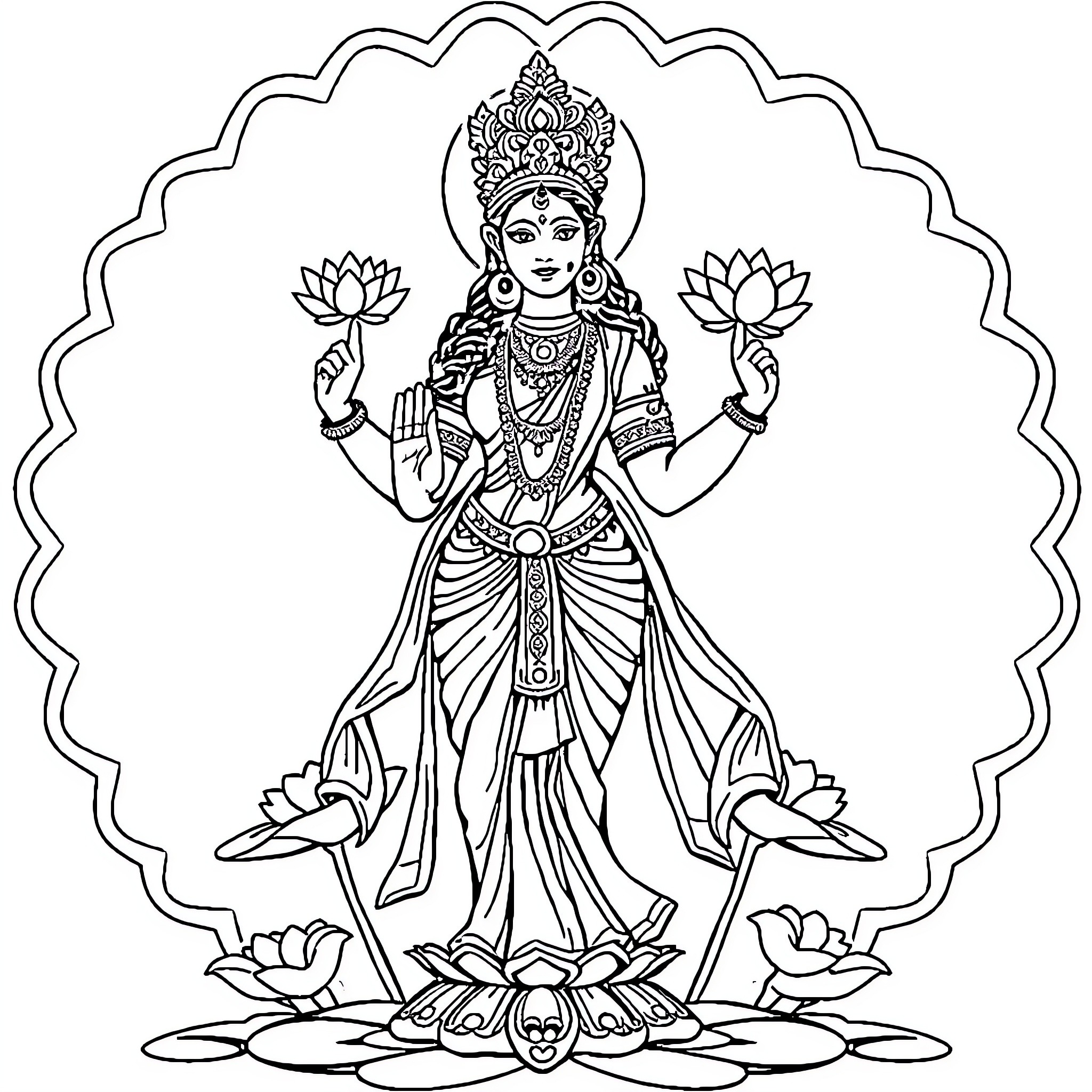 Laxmi, the Goddess of Prosperity, with Lotus Flowers Coloring Page (free black-and-white line drawing printable PDF for all, from beginners to advanced learners, including children, teens, adults, and seniors)