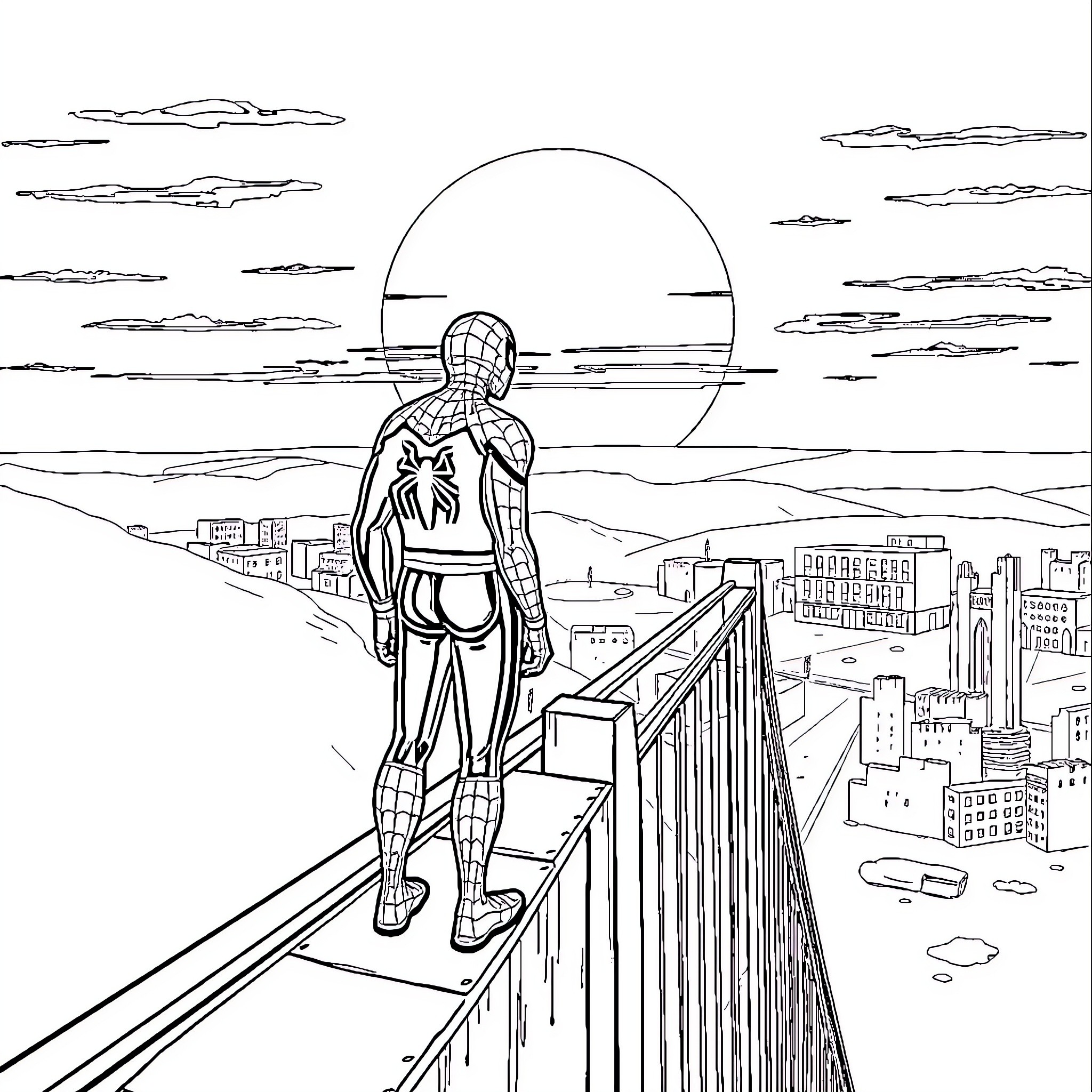 Spider-Man overlooking the city skyline at sunset Coloring Page (free black-and-white line drawing printable PDF for all, from beginners to advanced learners, including children, teens, adults, and seniors)