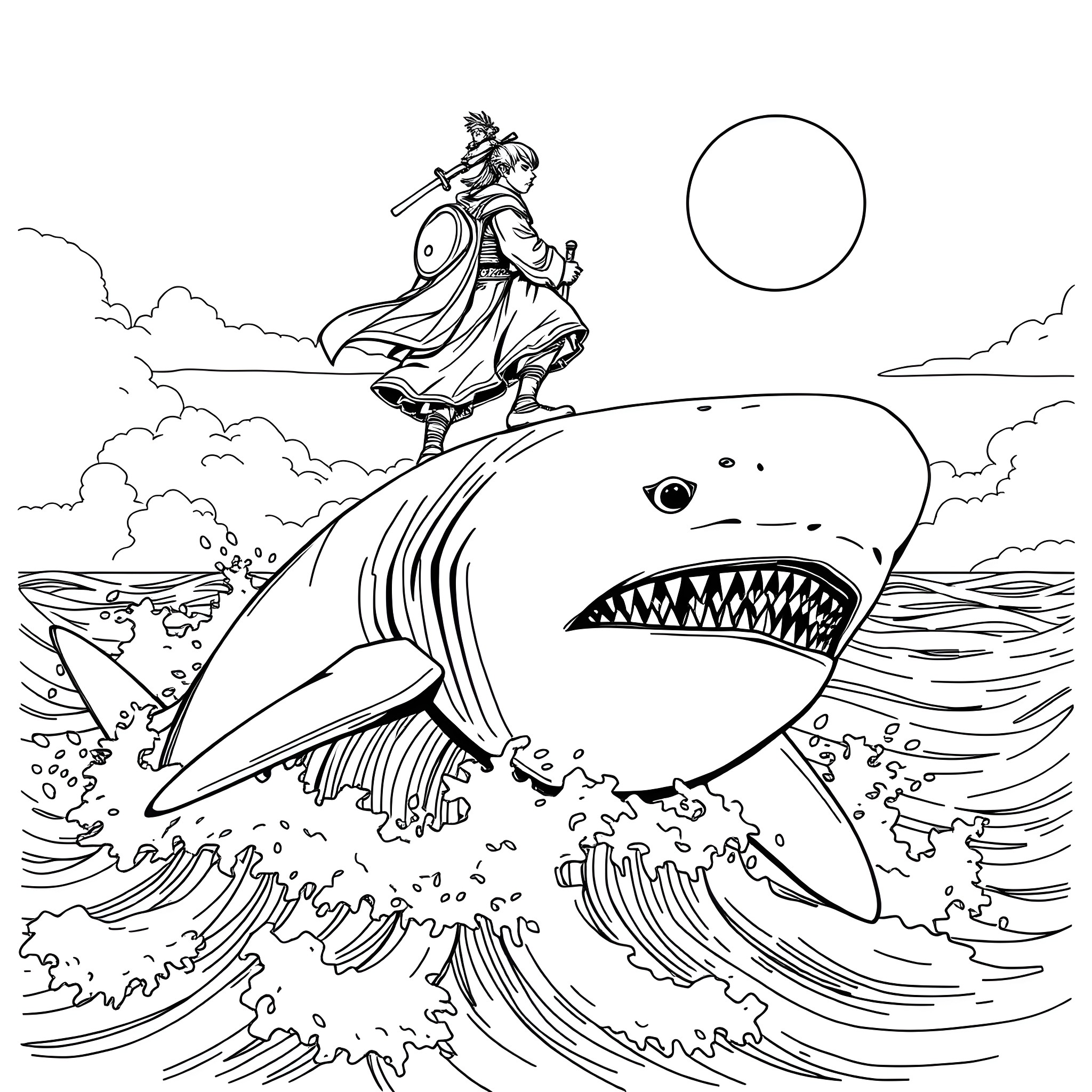 Ronin warrior riding a giant shark through stormy seas Coloring Page (free black-and-white line drawing printable PDF for all, from beginners to advanced learners, including children, teens, adults, and seniors)