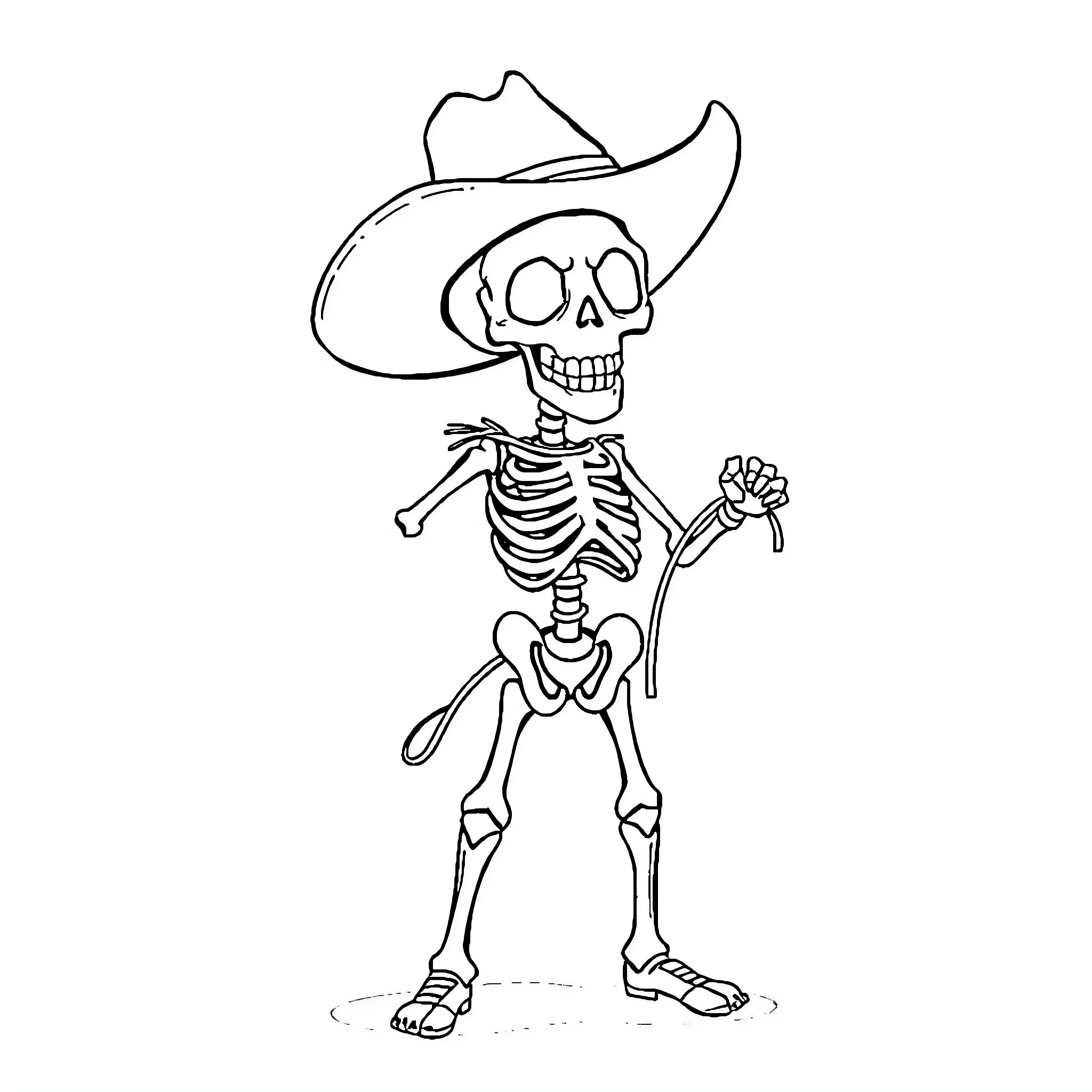 Cowboy skeleton with flower in hand Coloring Page (free black-and-white line drawing printable PDF for all, from beginners to advanced learners, including children, teens, adults, and seniors)