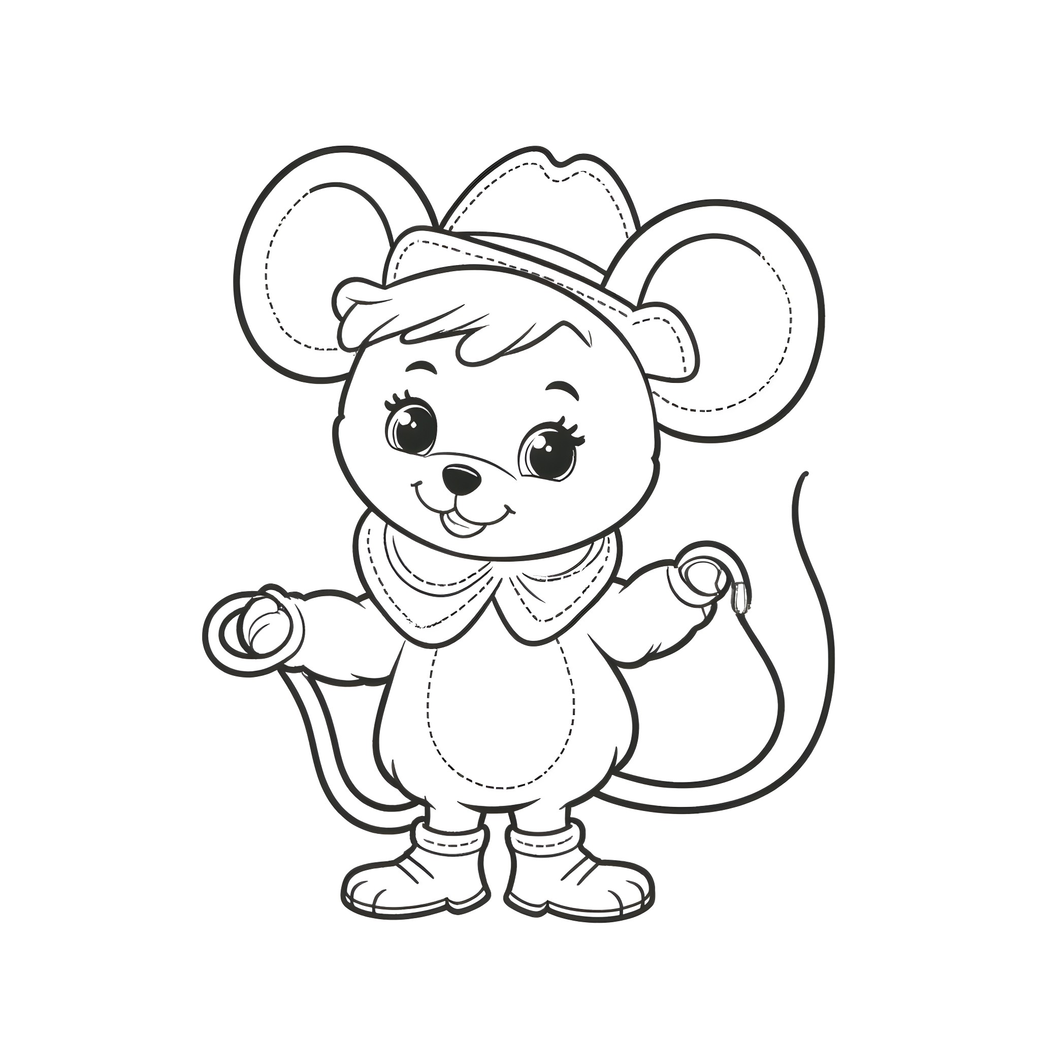 Mouse wearing a cowboy hat and outfit Coloring Page (free black-and-white line drawing printable PDF for all, from beginners to advanced learners, including children, teens, adults, and seniors)