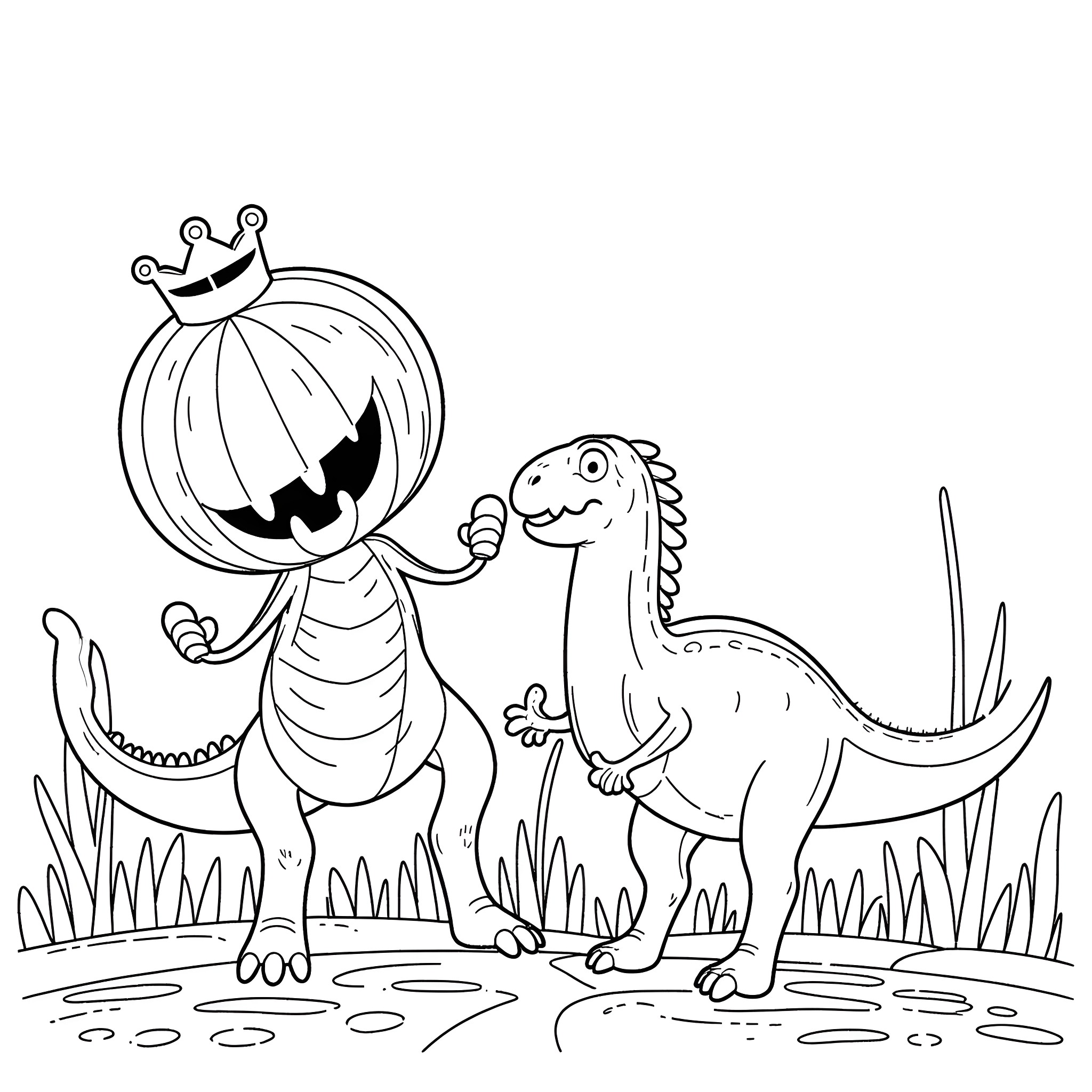 Pumpkin King and Dinosaur friends in the park Coloring Page (free black-and-white line drawing printable PDF for all, from beginners to advanced learners, including children, teens, adults, and seniors)