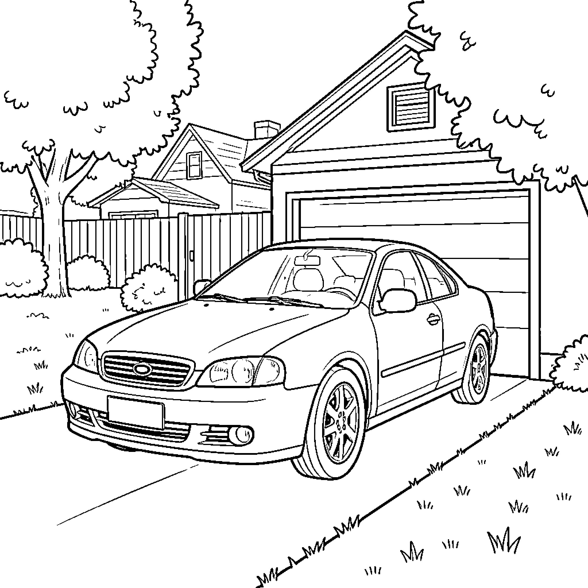 Car parked on a driveway in front of a garage Coloring Page (free black-and-white line drawing printable PDF for all, from beginners to advanced learners, including children, teens, adults, and seniors)