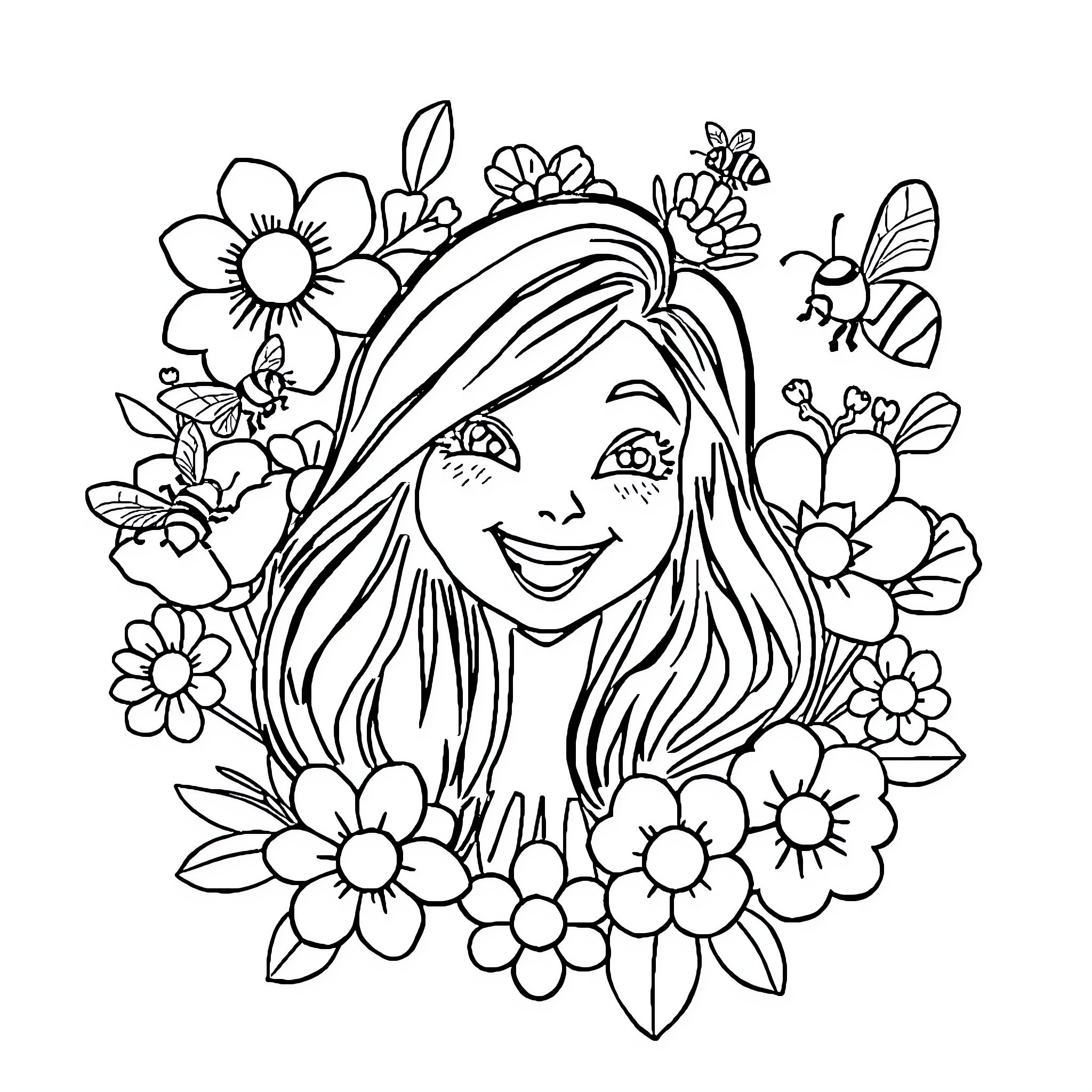 Logo of a smiling girl surrounded by flowers and a bee Coloring Page (free black-and-white line drawing printable PDF for all, from beginners to advanced learners, including children, teens, adults, and seniors)