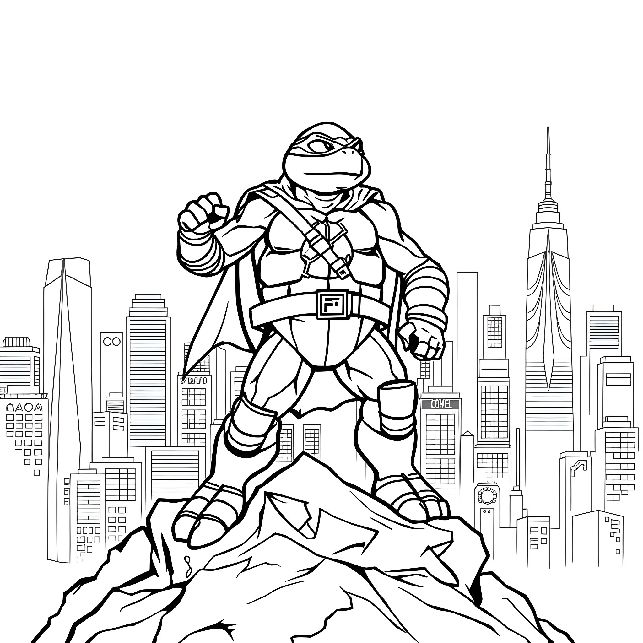 Box Turtle Exploring the Skyscraper City Coloring Page (free black-and-white line drawing printable PDF for all, from beginners to advanced learners, including children, teens, adults, and seniors)