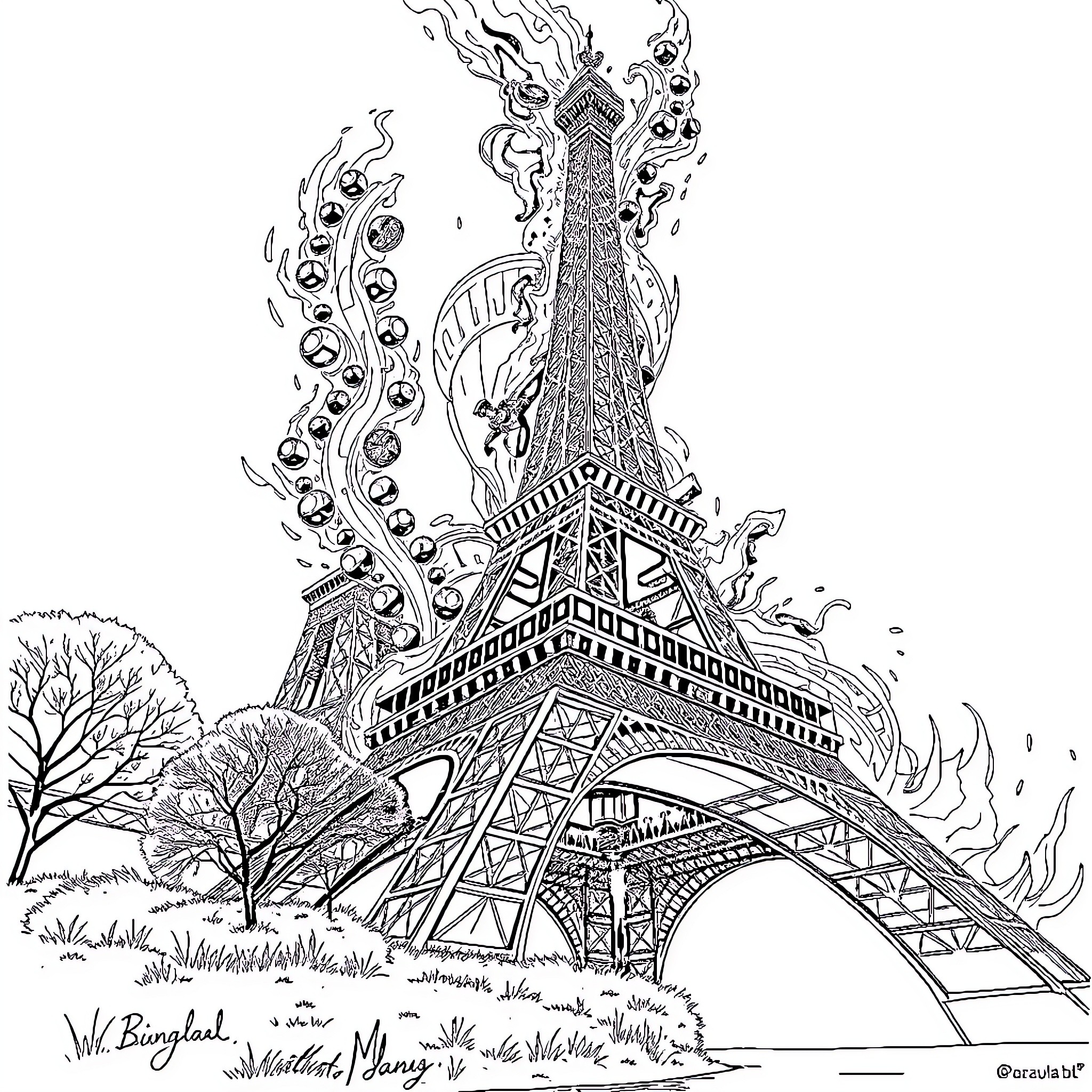 Beyblade Eiffel Tower with Fiery Flames and Nature Coloring Page (free black-and-white line drawing printable PDF for all, from beginners to advanced learners, including children, teens, adults, and seniors)