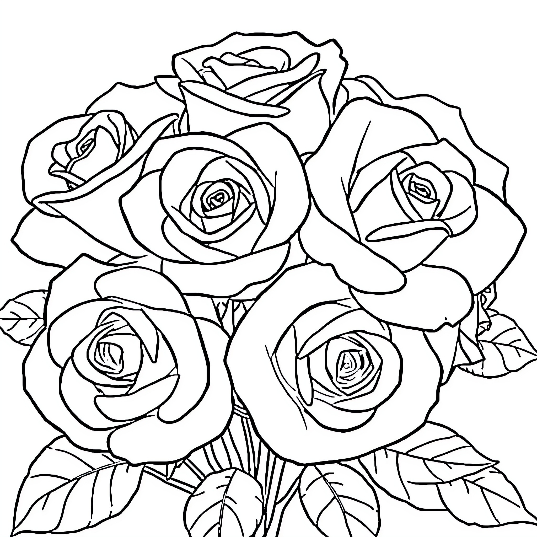 Rose Bouquet with Detailed Floral Artwork Coloring Page (free black-and-white line drawing printable PDF for all, from beginners to advanced learners, including children, teens, adults, and seniors)