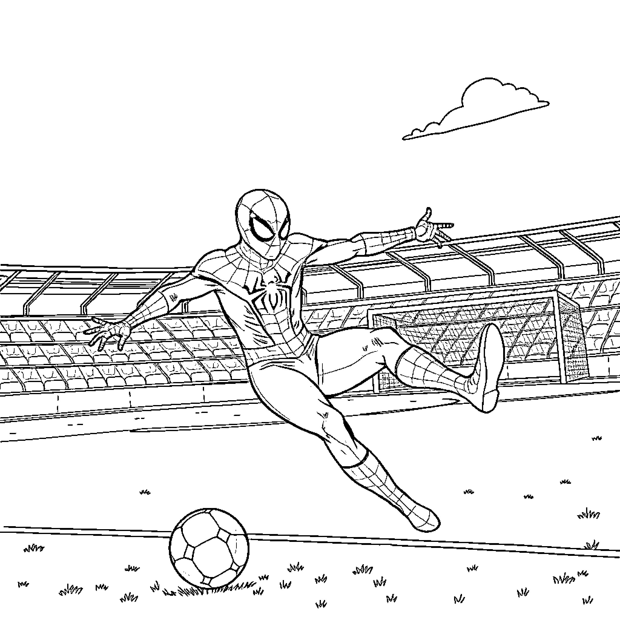 Spider-Man kicking a soccer ball on the stadium field Coloring Page (free black-and-white line drawing printable PDF for all, from beginners to advanced learners, including children, teens, adults, and seniors)