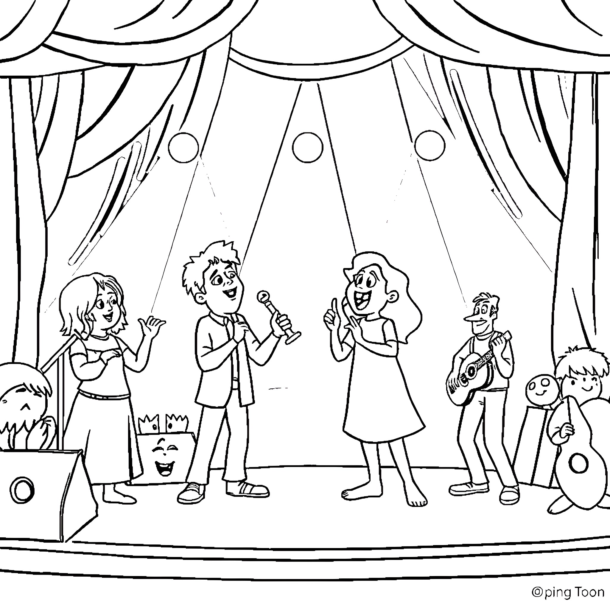 Character Performing on a Stage Coloring Page (free black-and-white line drawing printable PDF for all, from beginners to advanced learners, including children, teens, adults, and seniors)