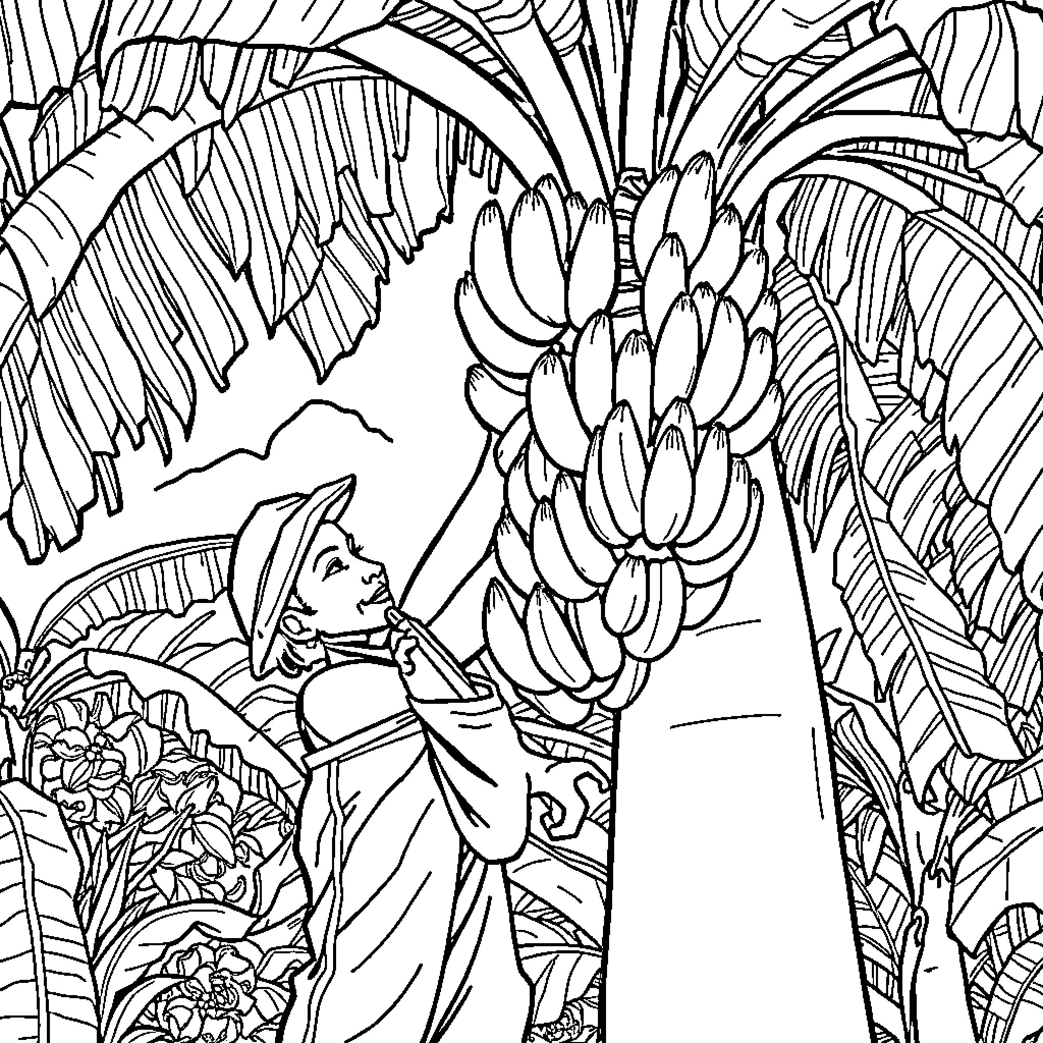 Dominican Farmer Harvesting Bananas in Lush Tropical Garden Coloring Page (free black-and-white line drawing printable PDF for all, from beginners to advanced learners, including children, teens, adults, and seniors)