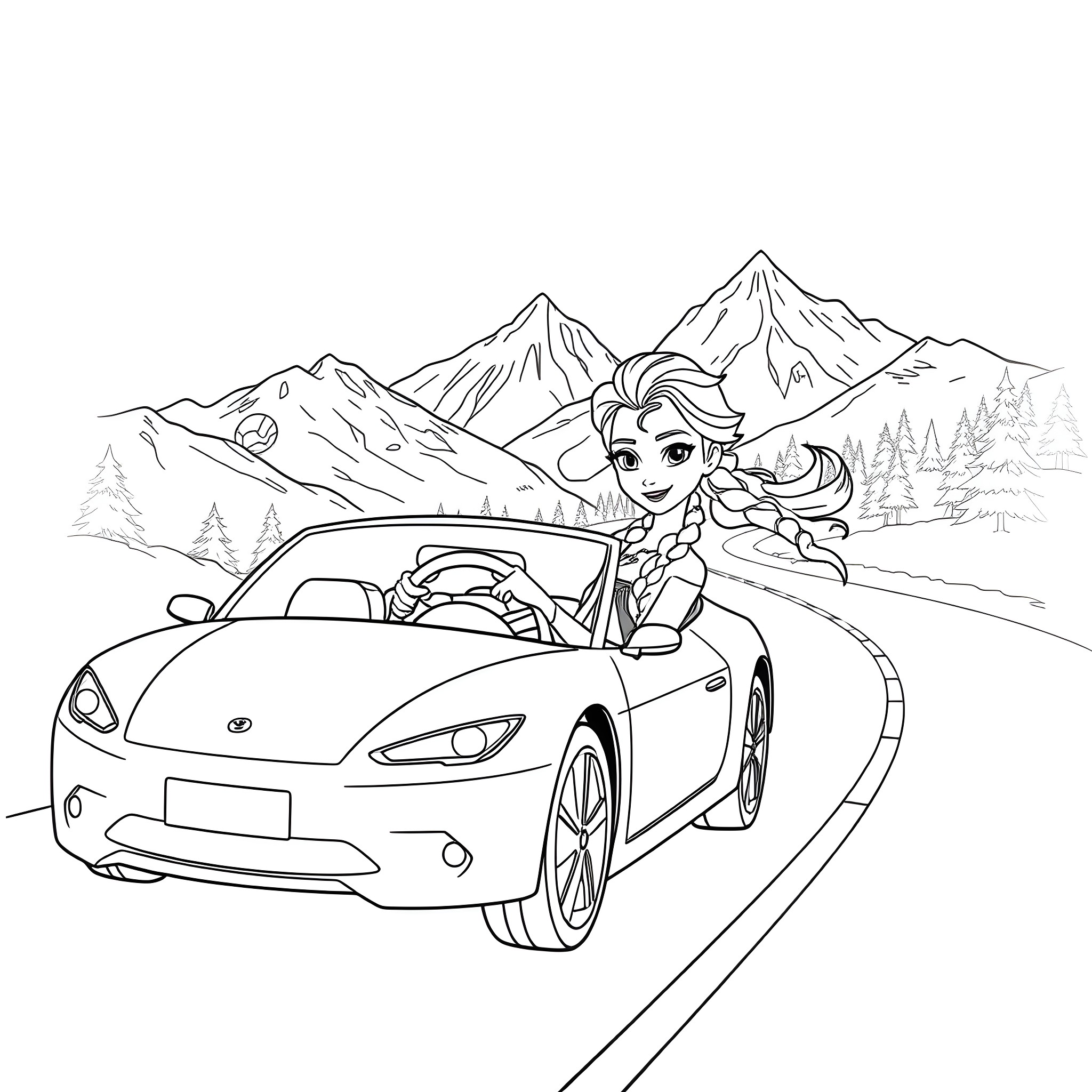 Princess Elsa Enjoying a Scenic Mountain Drive Coloring Page (free black-and-white line drawing printable PDF for all, from beginners to advanced learners, including children, teens, adults, and seniors)