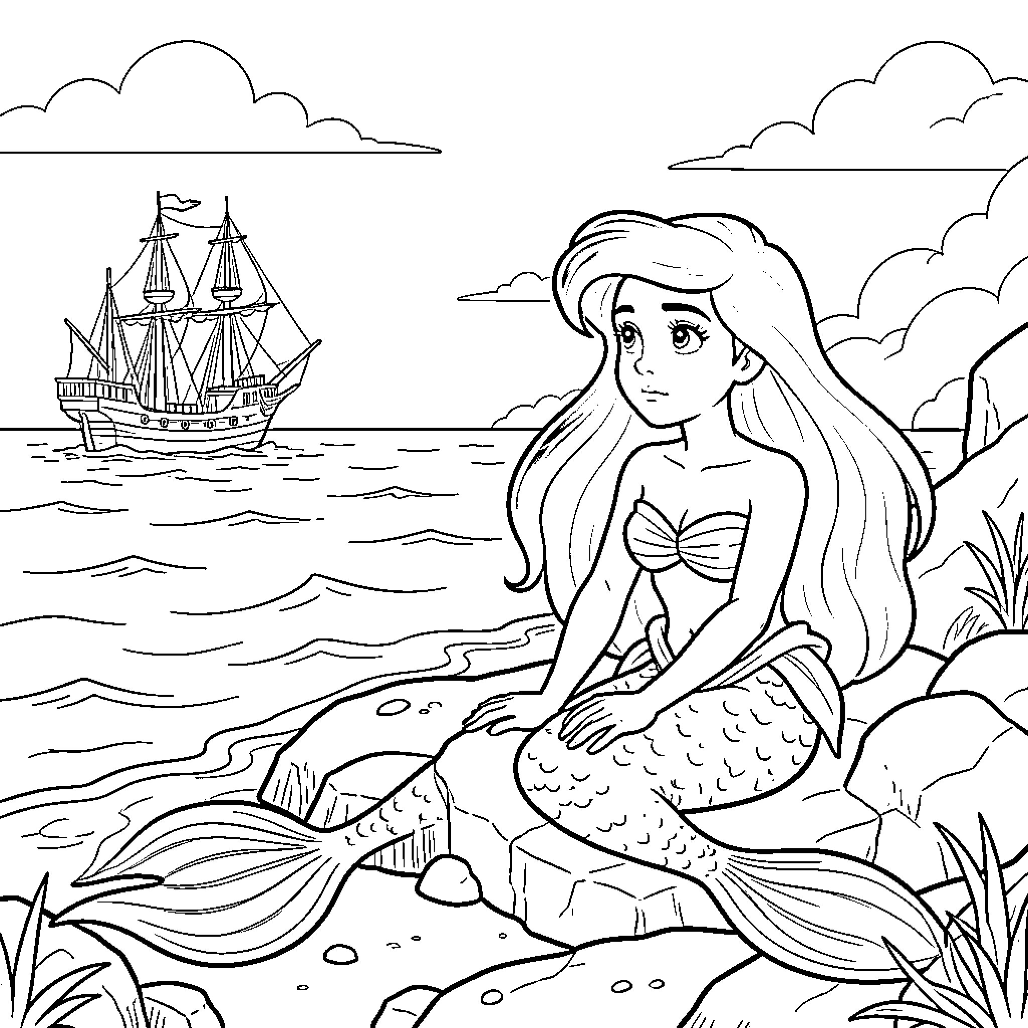 Ariel the mermaid explores the ocean with a ship in the background Coloring Page (free black-and-white line drawing printable PDF for all, from beginners to advanced learners, including children, teens, adults, and seniors)