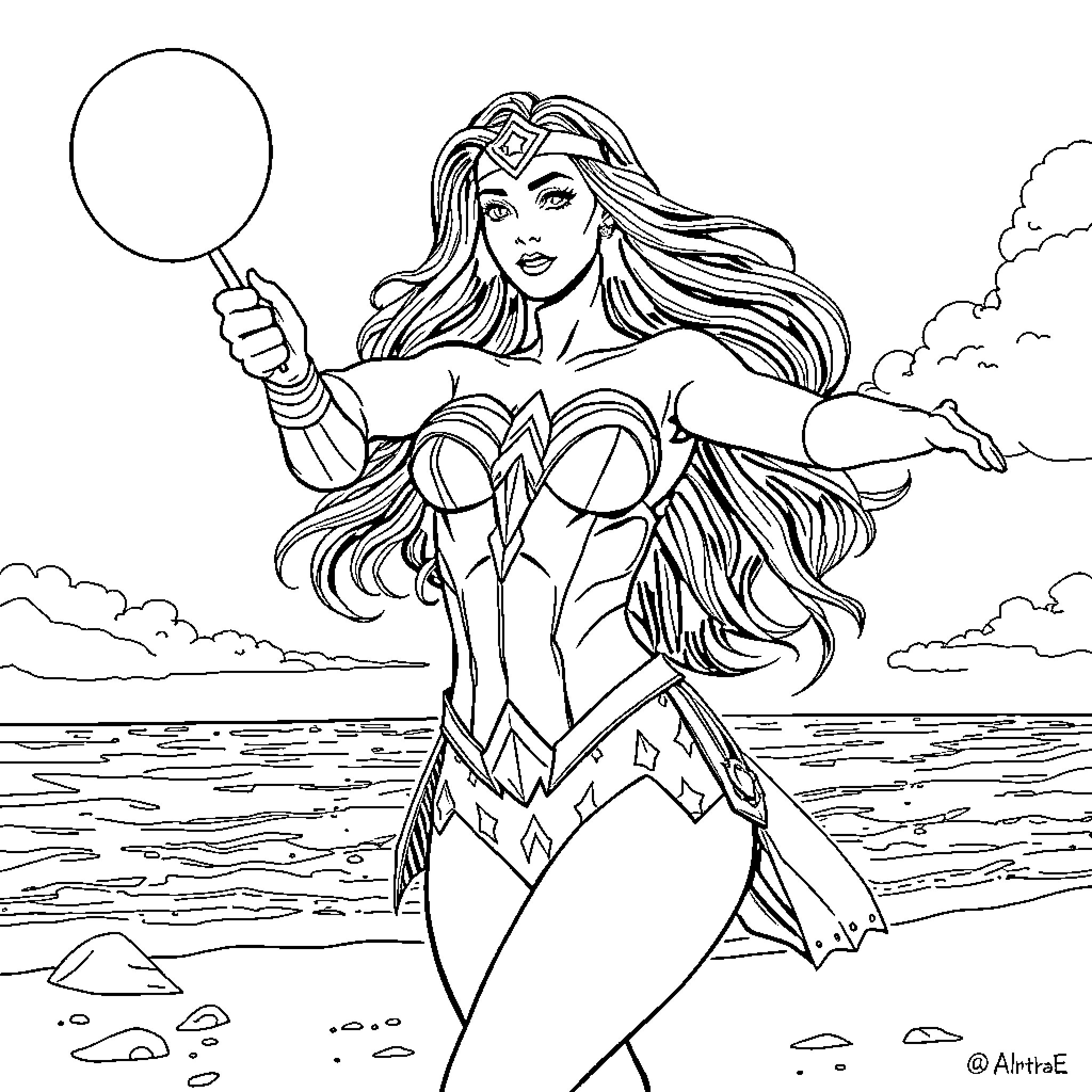 Wonder Woman Standing Confidently by the Ocean Coloring Page (free black-and-white line drawing printable PDF for all, from beginners to advanced learners, including children, teens, adults, and seniors)