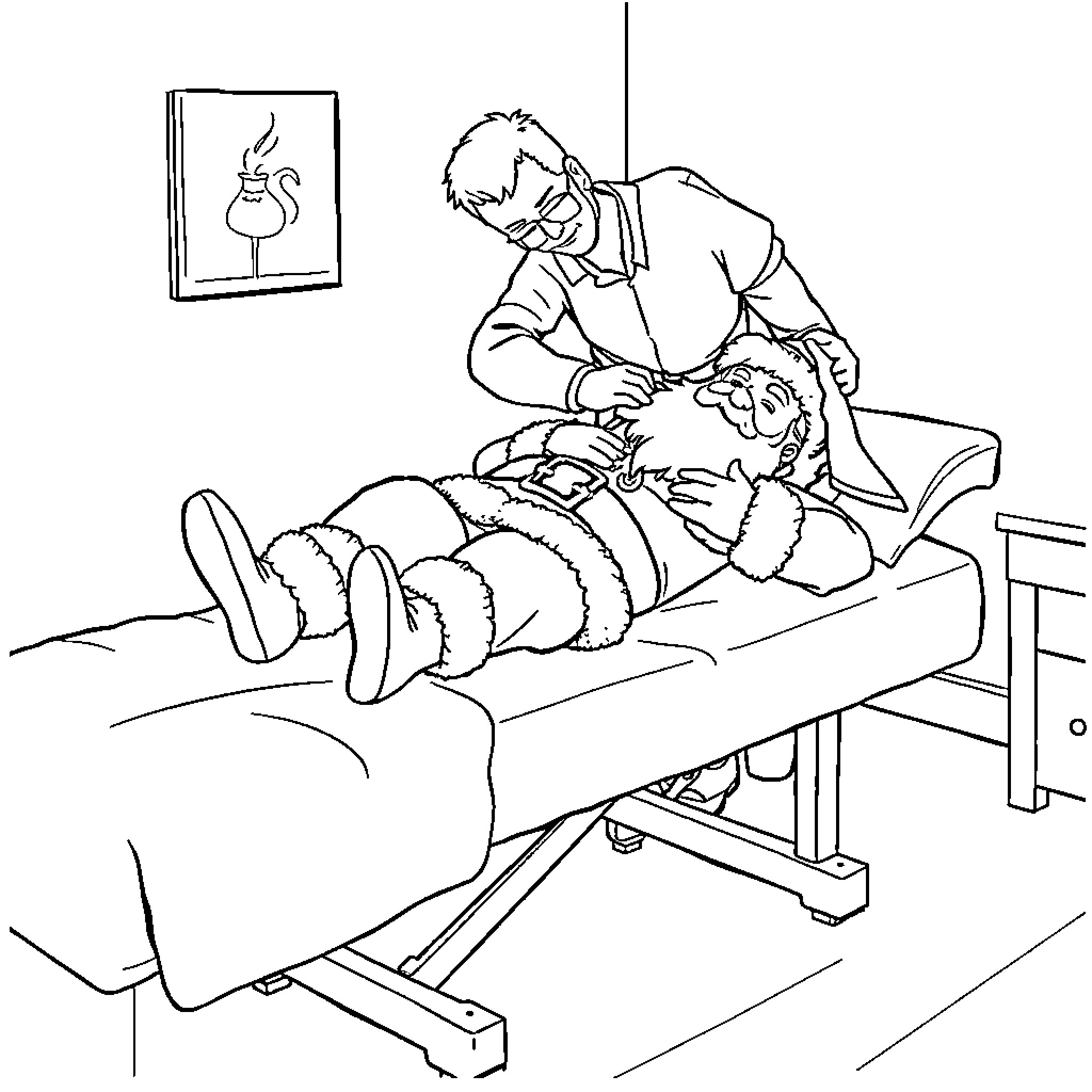Santa assisting an injured person on a medical bed Coloring Page (free black-and-white line drawing printable PDF for all, from beginners to advanced learners, including children, teens, adults, and seniors)