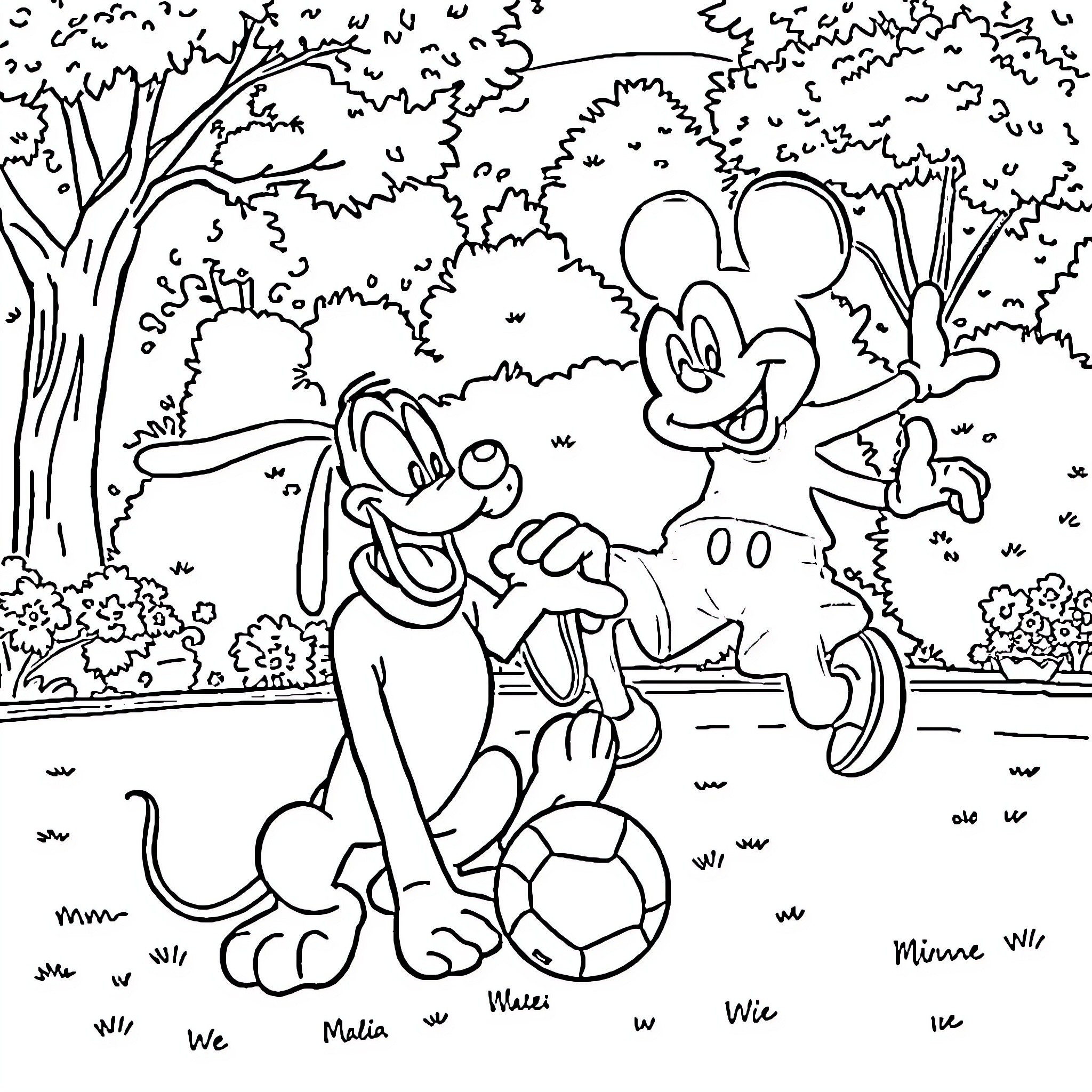 Pluto and Minnie playing in the park Coloring Page (free black-and-white line drawing printable PDF for all, from beginners to advanced learners, including children, teens, adults, and seniors)