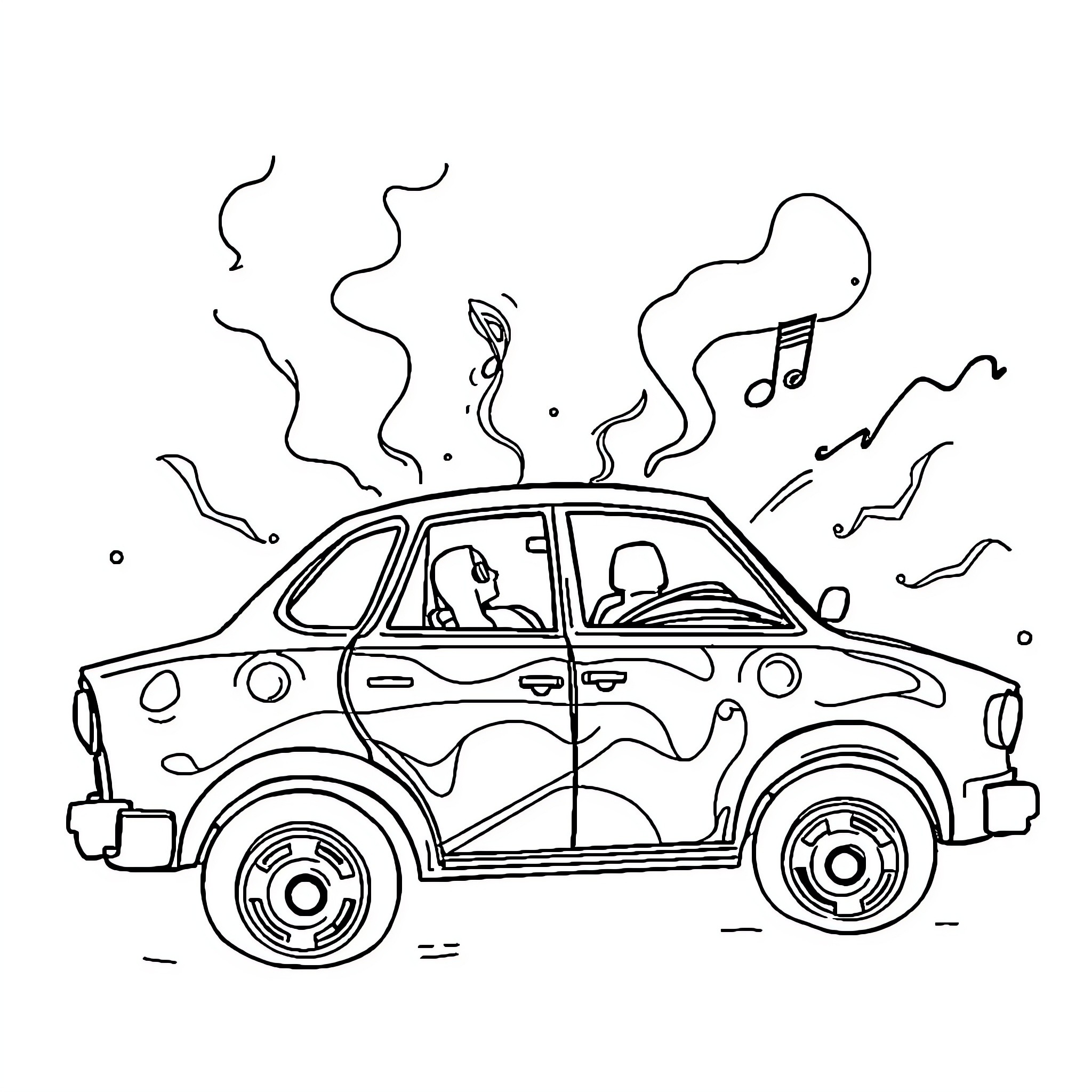 Car with funky music and smoky effects Coloring Page (free black-and-white line drawing printable PDF for all, from beginners to advanced learners, including children, teens, adults, and seniors)