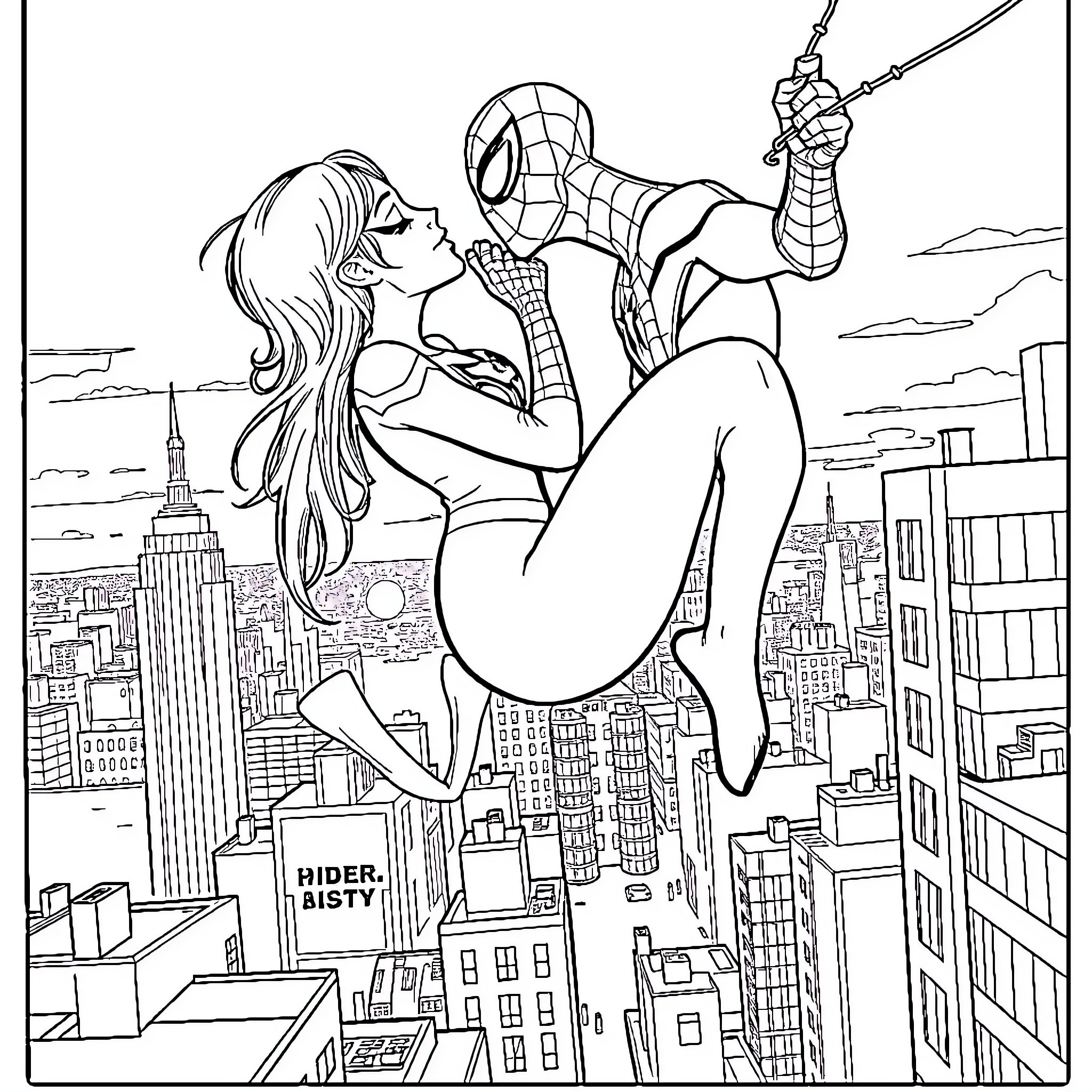 Spiderman rescues woman from danger in the city Coloring Page (free black-and-white line drawing printable PDF for all, from beginners to advanced learners, including children, teens, adults, and seniors)