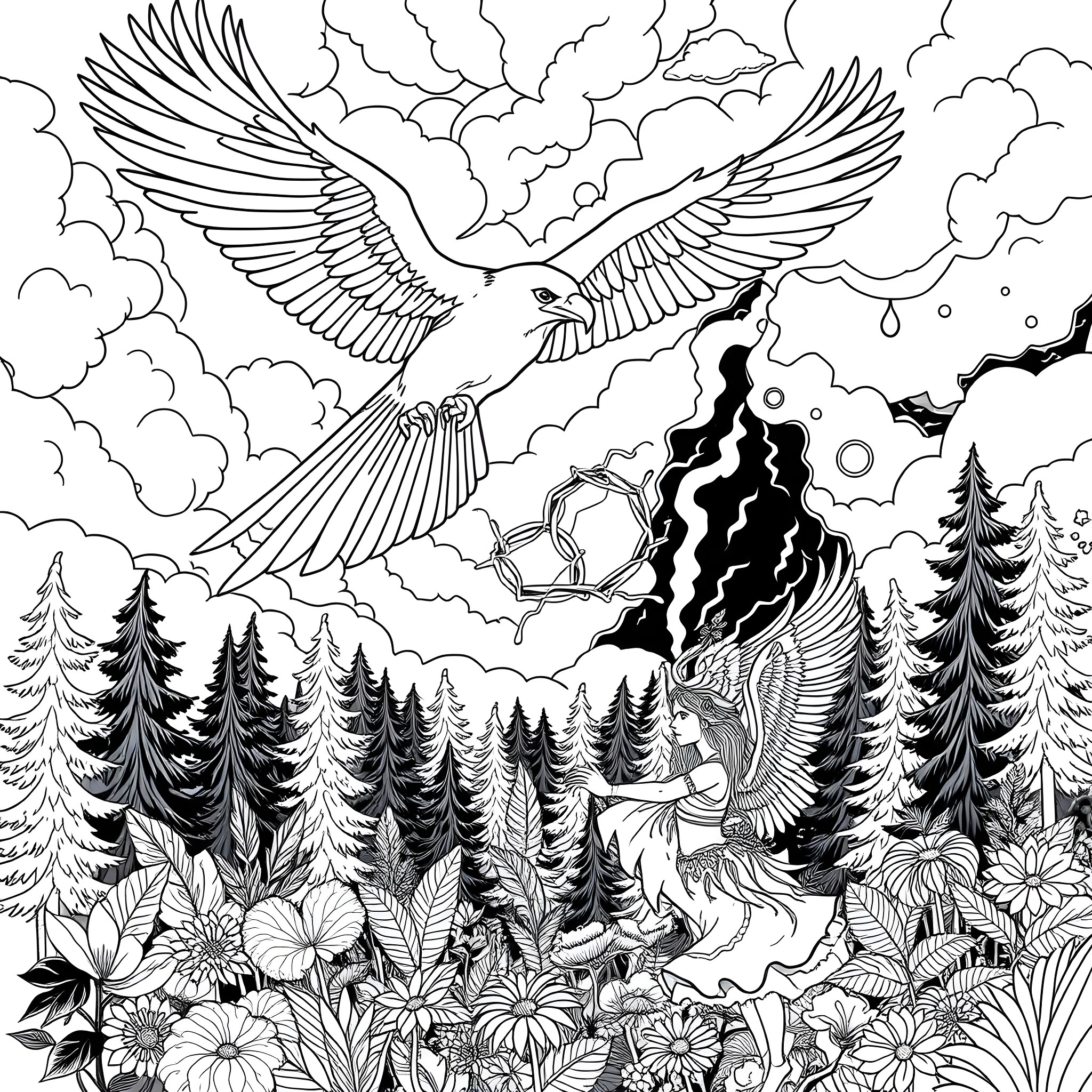 Thunderbird soaring through the stormy sky over a forest landscape Coloring Page (free black-and-white line drawing printable PDF for all, from beginners to advanced learners, including children, teens, adults, and seniors)