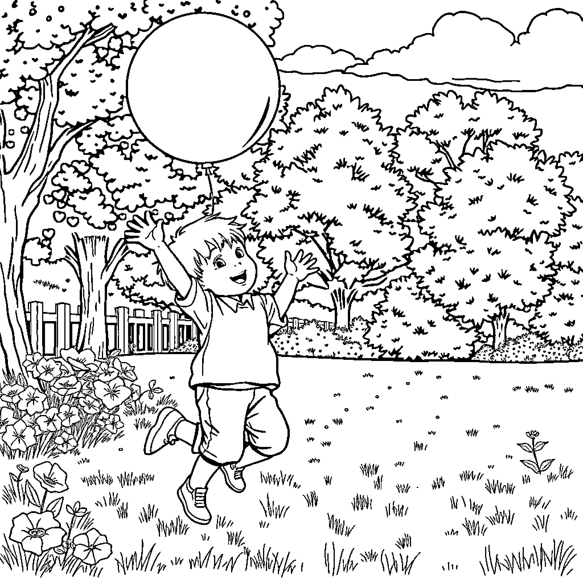 Owl playing with a large balloon in a garden Coloring Page (free black-and-white line drawing printable PDF for all, from beginners to advanced learners, including children, teens, adults, and seniors)