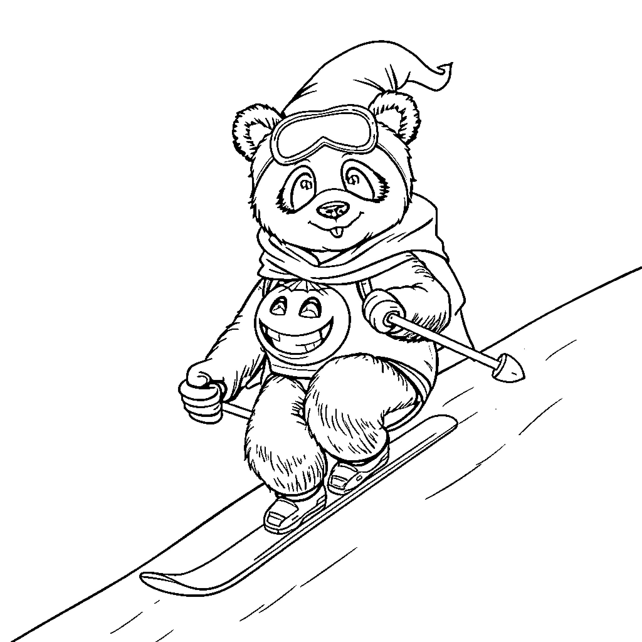 Panda skiing down the mountain in winter outfit Coloring Page (free black-and-white line drawing printable PDF for all, from beginners to advanced learners, including children, teens, adults, and seniors)