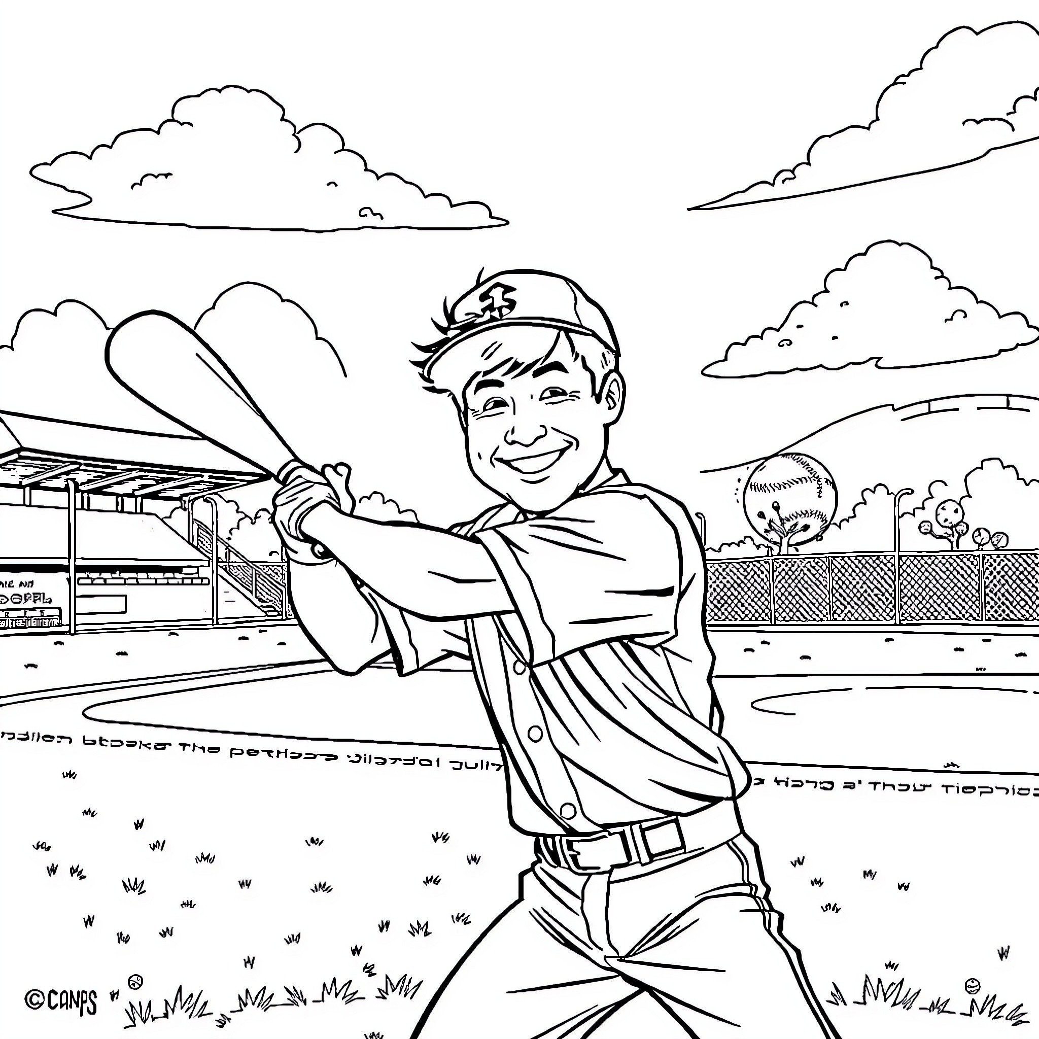 Jackie Chan playing baseball on the field Coloring Page (free black-and-white line drawing printable PDF for all, from beginners to advanced learners, including children, teens, adults, and seniors)