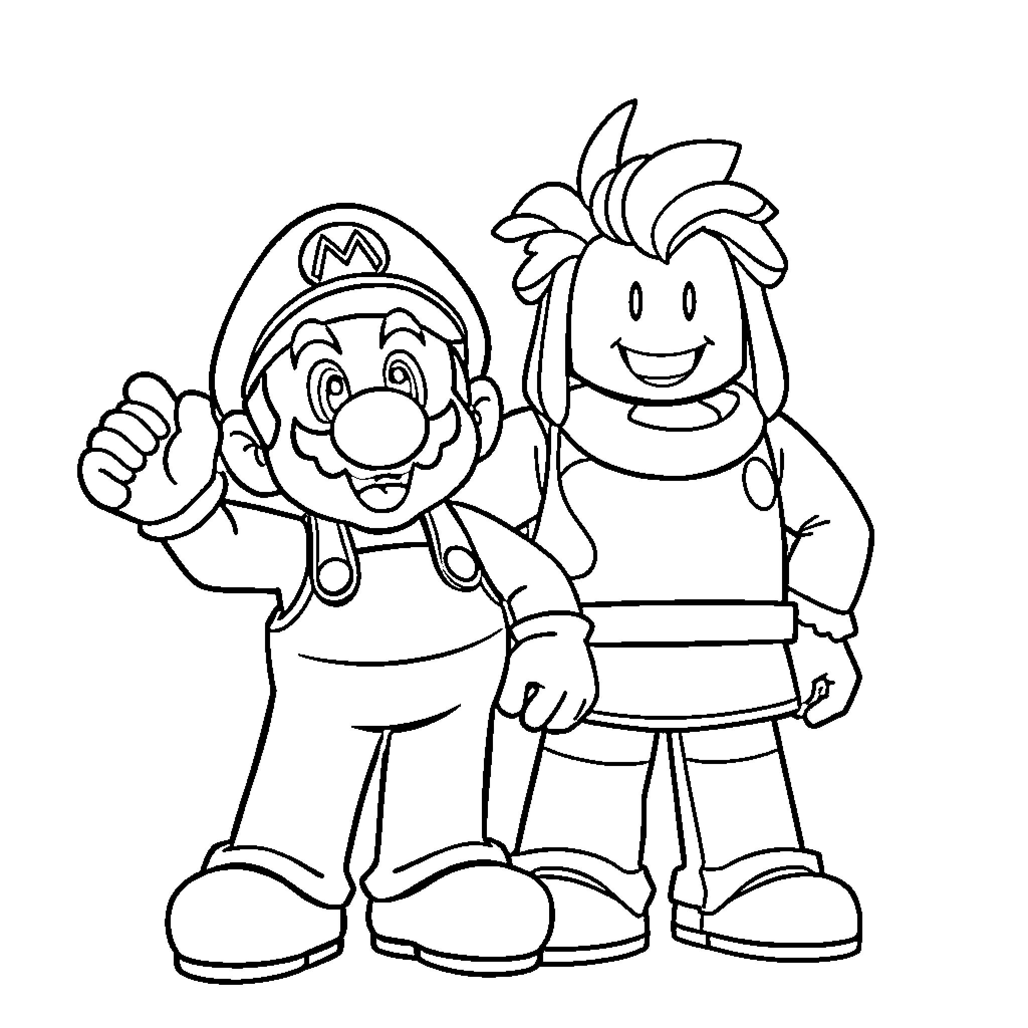 Mario and companion posing happily Coloring Page (free black-and-white line drawing printable PDF for all, from beginners to advanced learners, including children, teens, adults, and seniors)