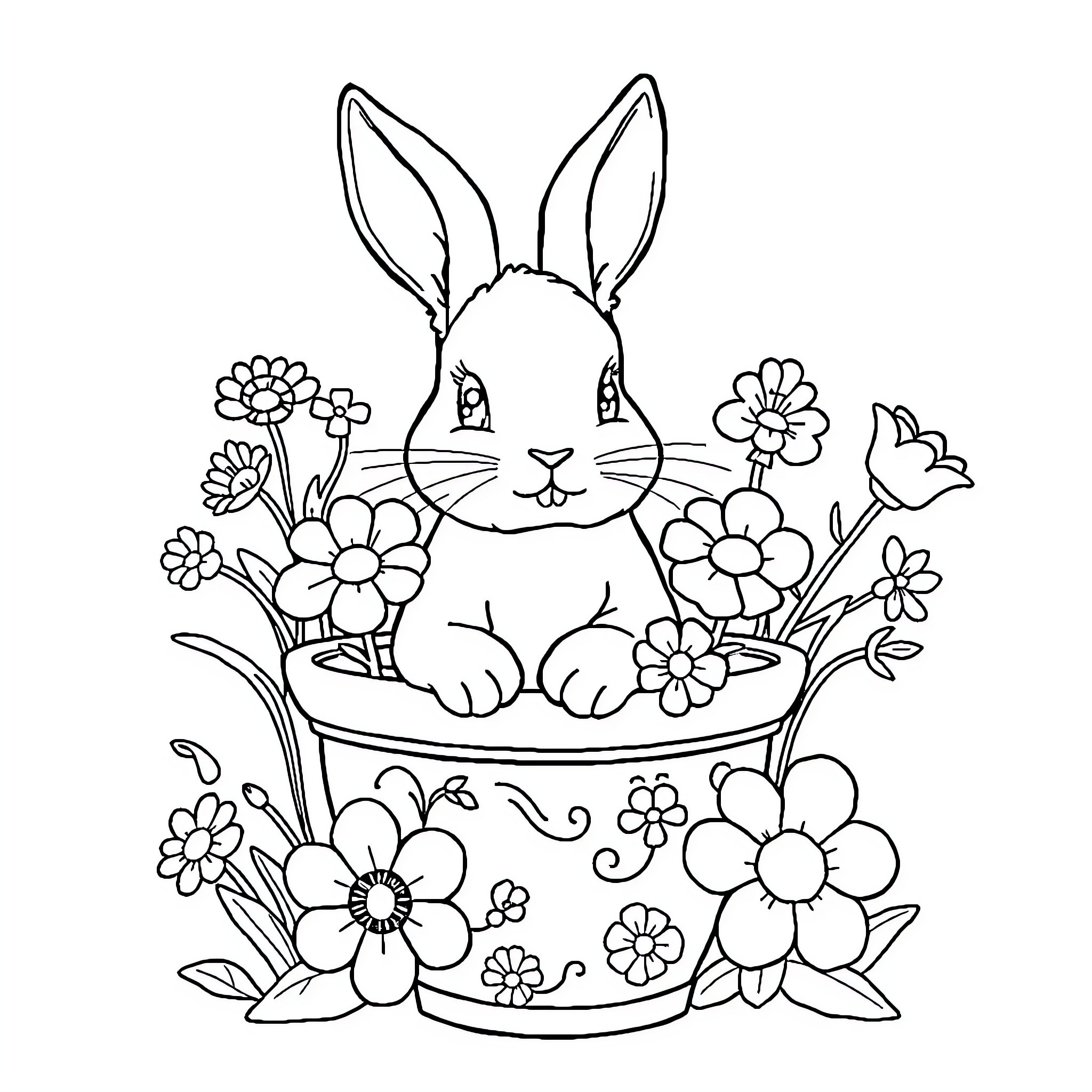 Bunny sitting in a floral basket Coloring Page (free black-and-white line drawing printable PDF for all, from beginners to advanced learners, including children, teens, adults, and seniors)
