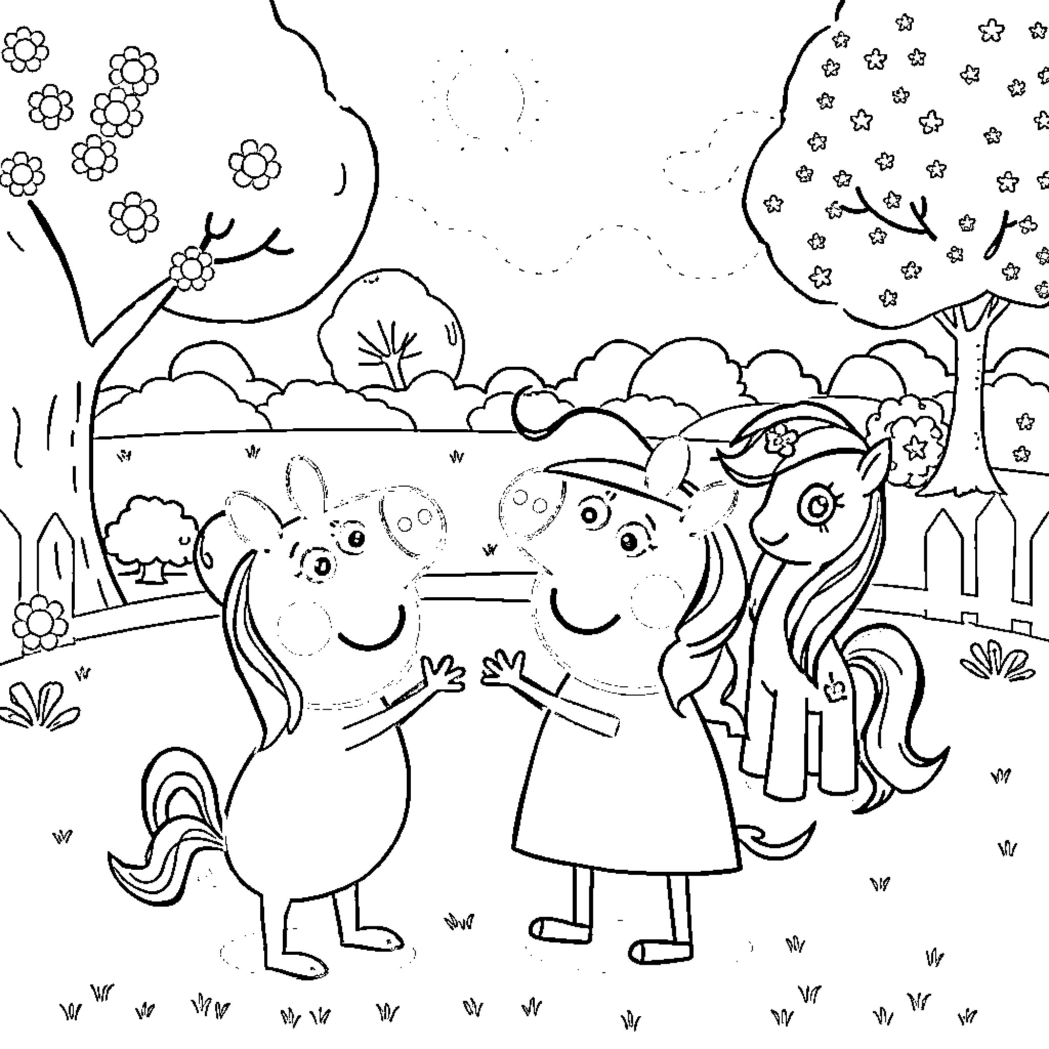 Peppa Pig and friends playing in a whimsical garden Coloring Page (free black-and-white line drawing printable PDF for all, from beginners to advanced learners, including children, teens, adults, and seniors)