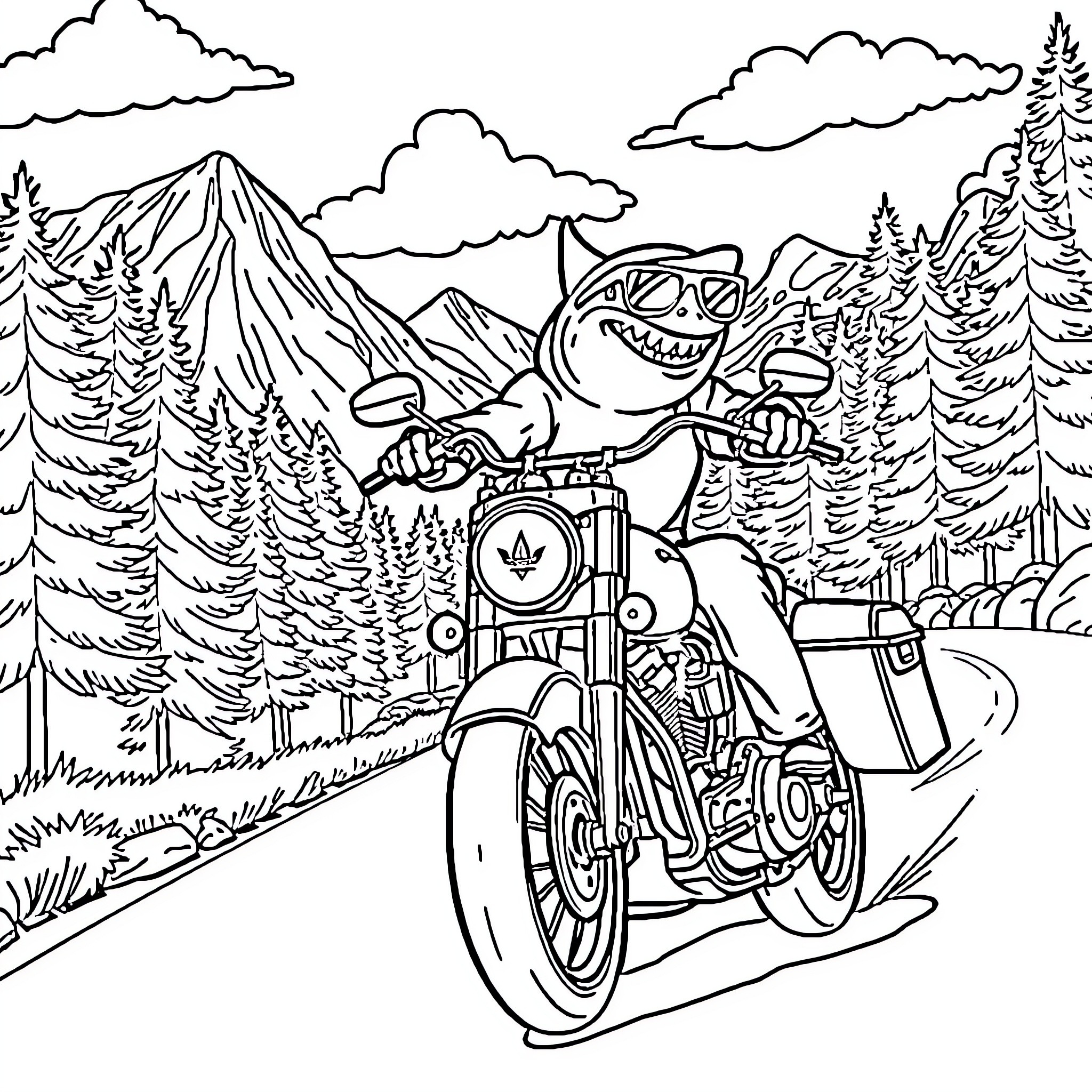 Shark riding motorcycle through mountainous landscape Coloring Page (free black-and-white line drawing printable PDF for all, from beginners to advanced learners, including children, teens, adults, and seniors)