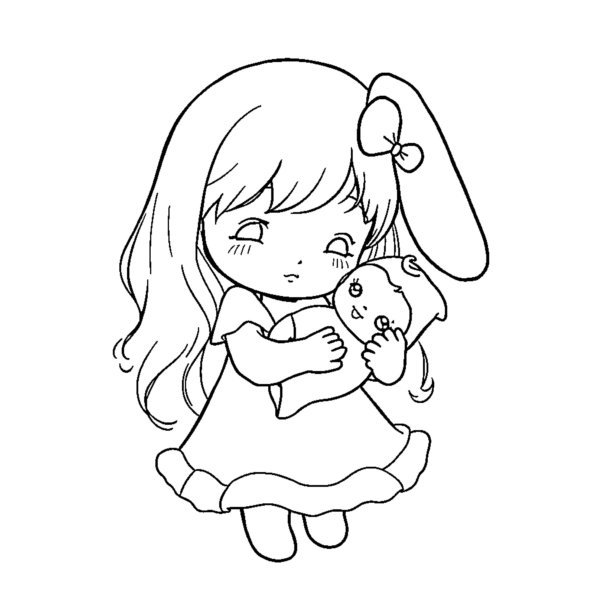 My Melody Embracing a Toy Coloring Page (free black-and-white line drawing printable PDF for all, from beginners to advanced learners, including children, teens, adults, and seniors)
