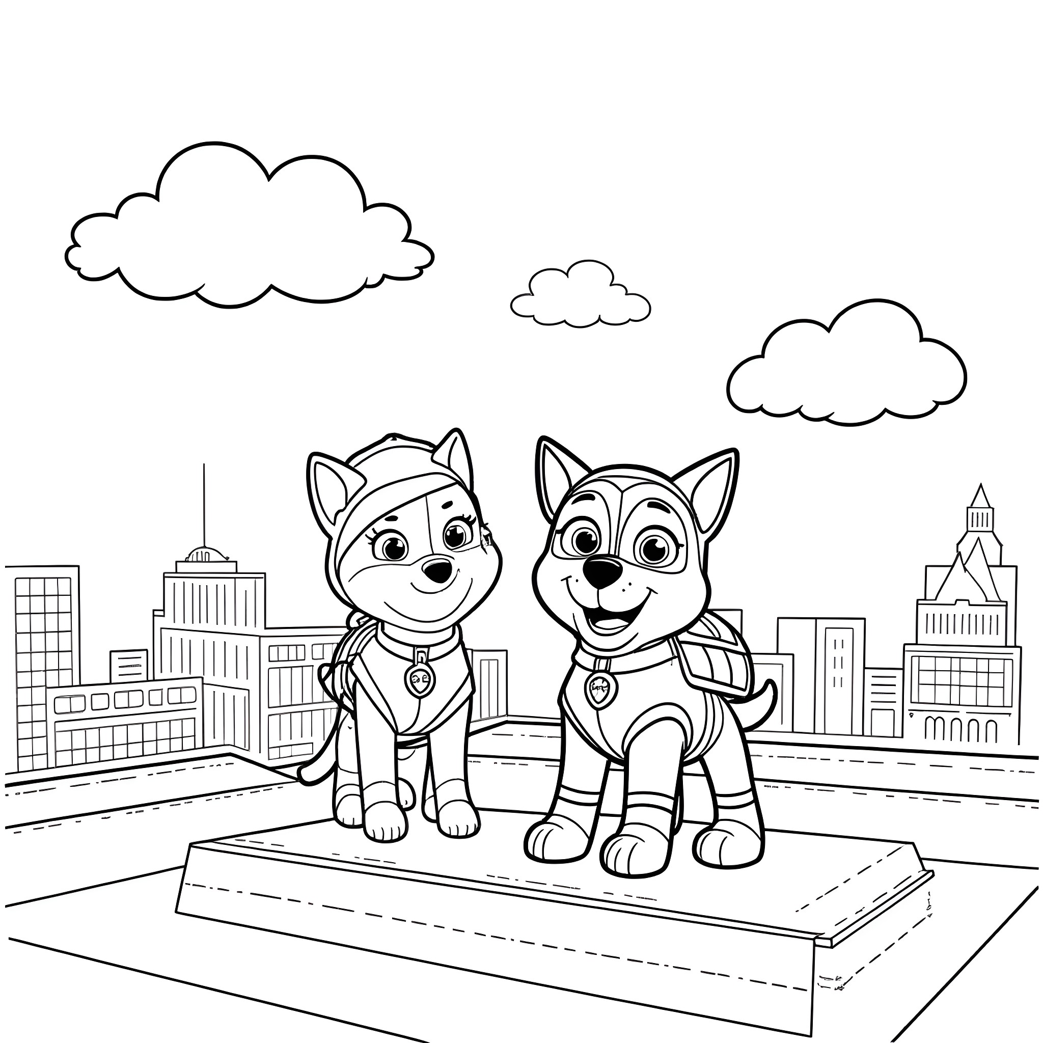 Paw Patrol characters in an urban setting Coloring Page (free black-and-white line drawing printable PDF for all, from beginners to advanced learners, including children, teens, adults, and seniors)