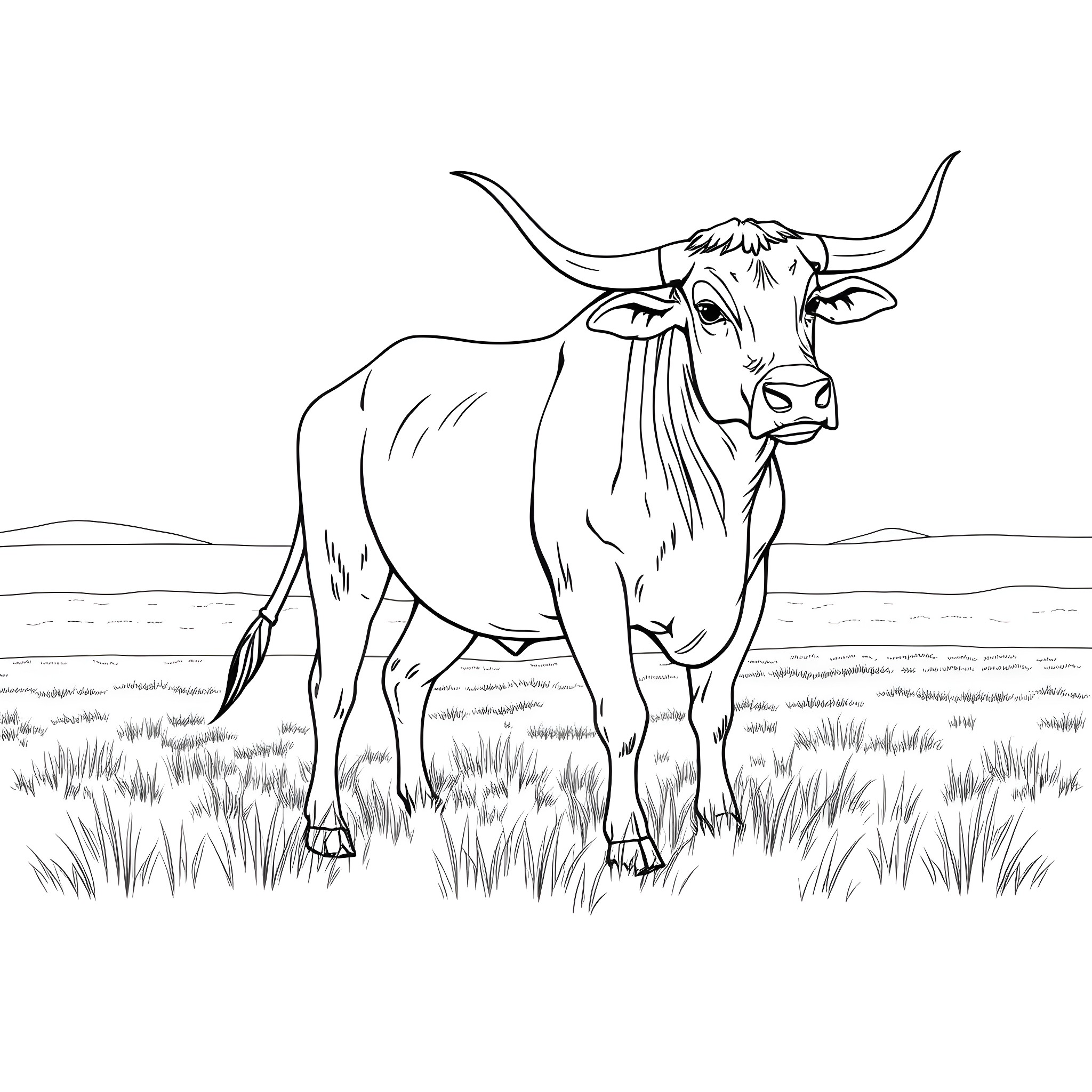 Ox standing proudly in the meadow Coloring Page (free black-and-white line drawing printable PDF for all, from beginners to advanced learners, including children, teens, adults, and seniors)