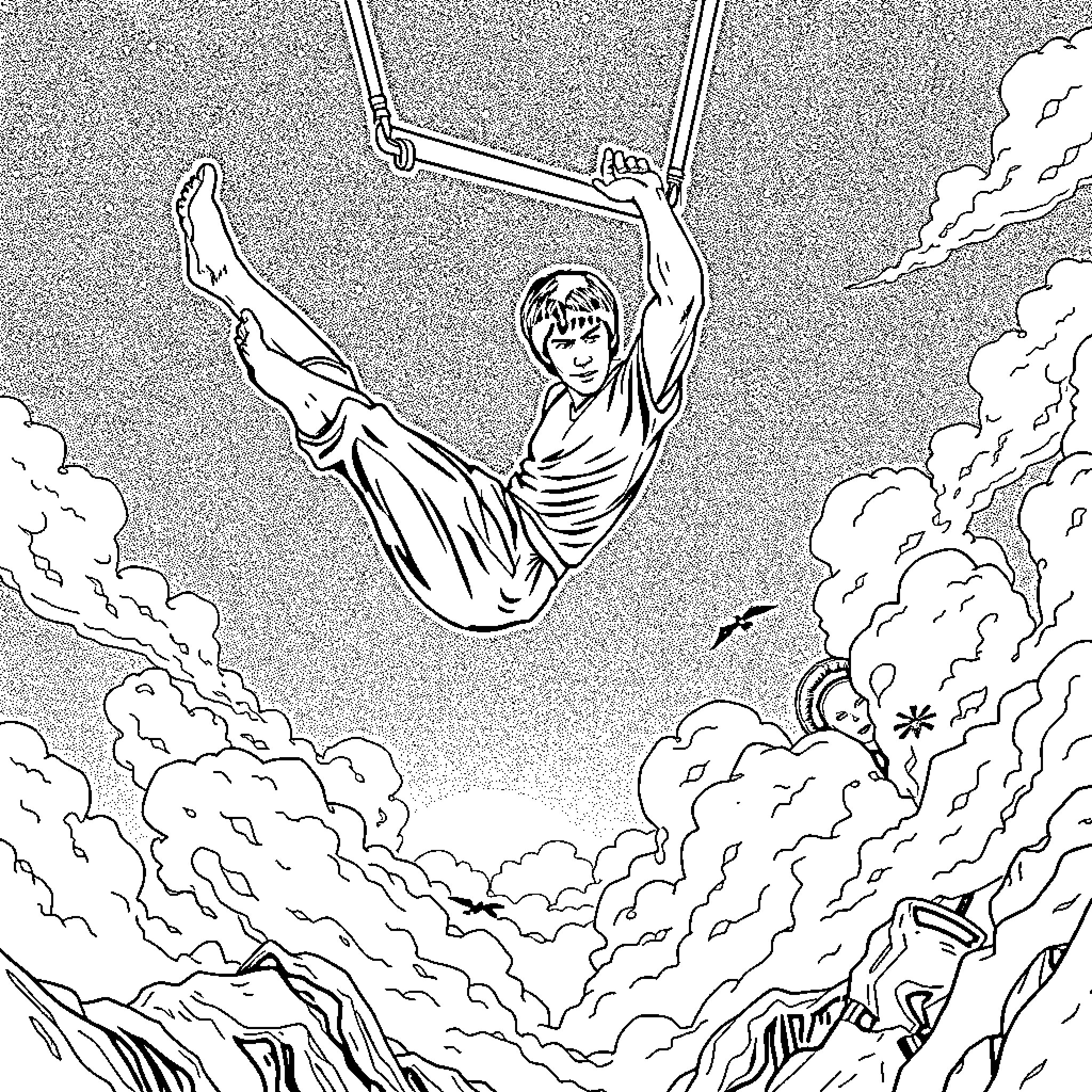 Bruce Lee soaring through the clouds in dramatic action pose Coloring Page (free black-and-white line drawing printable PDF for all, from beginners to advanced learners, including children, teens, adults, and seniors)