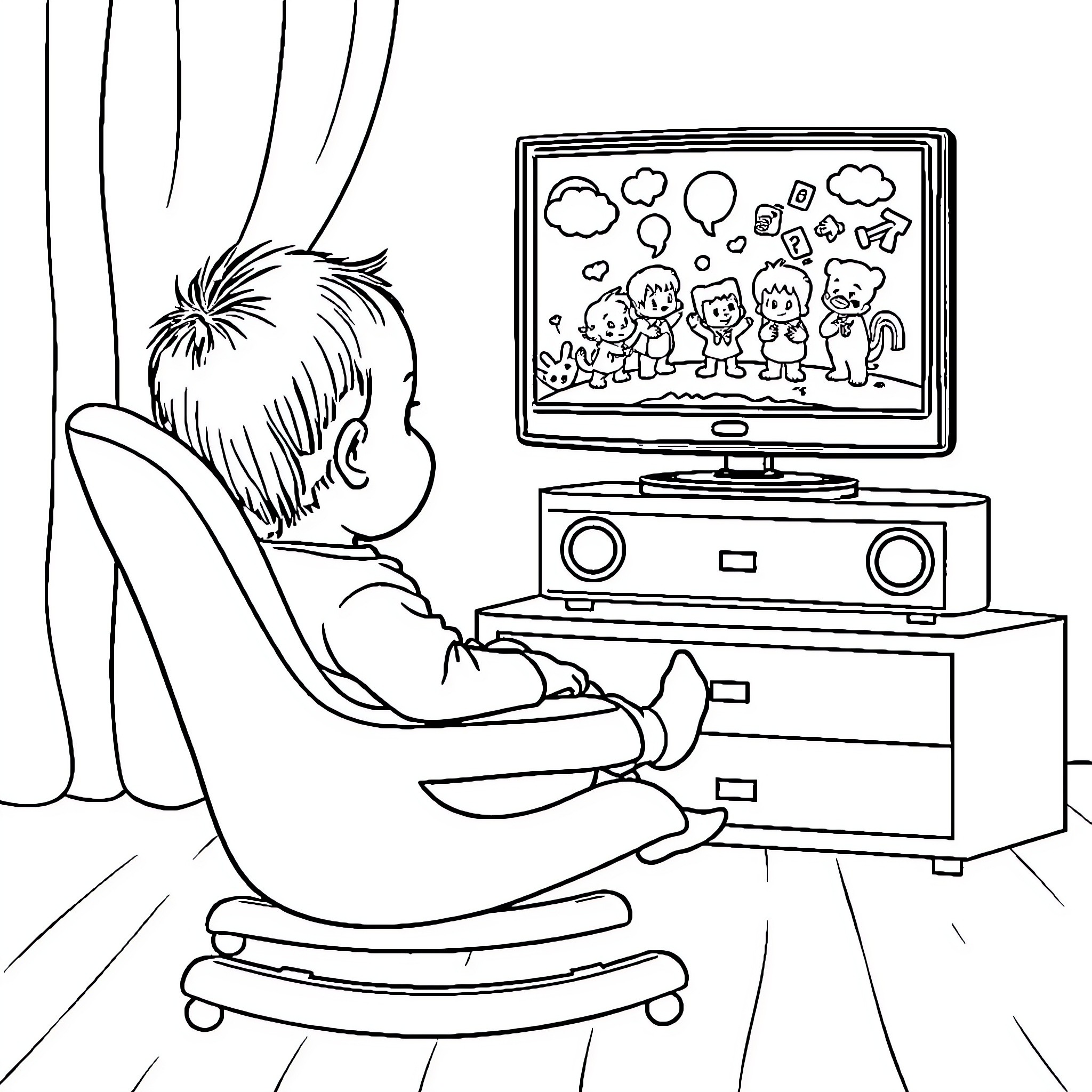 Baby Watching Cartoon Characters on TV Coloring Page (free black-and-white line drawing printable PDF for all, from beginners to advanced learners, including children, teens, adults, and seniors)