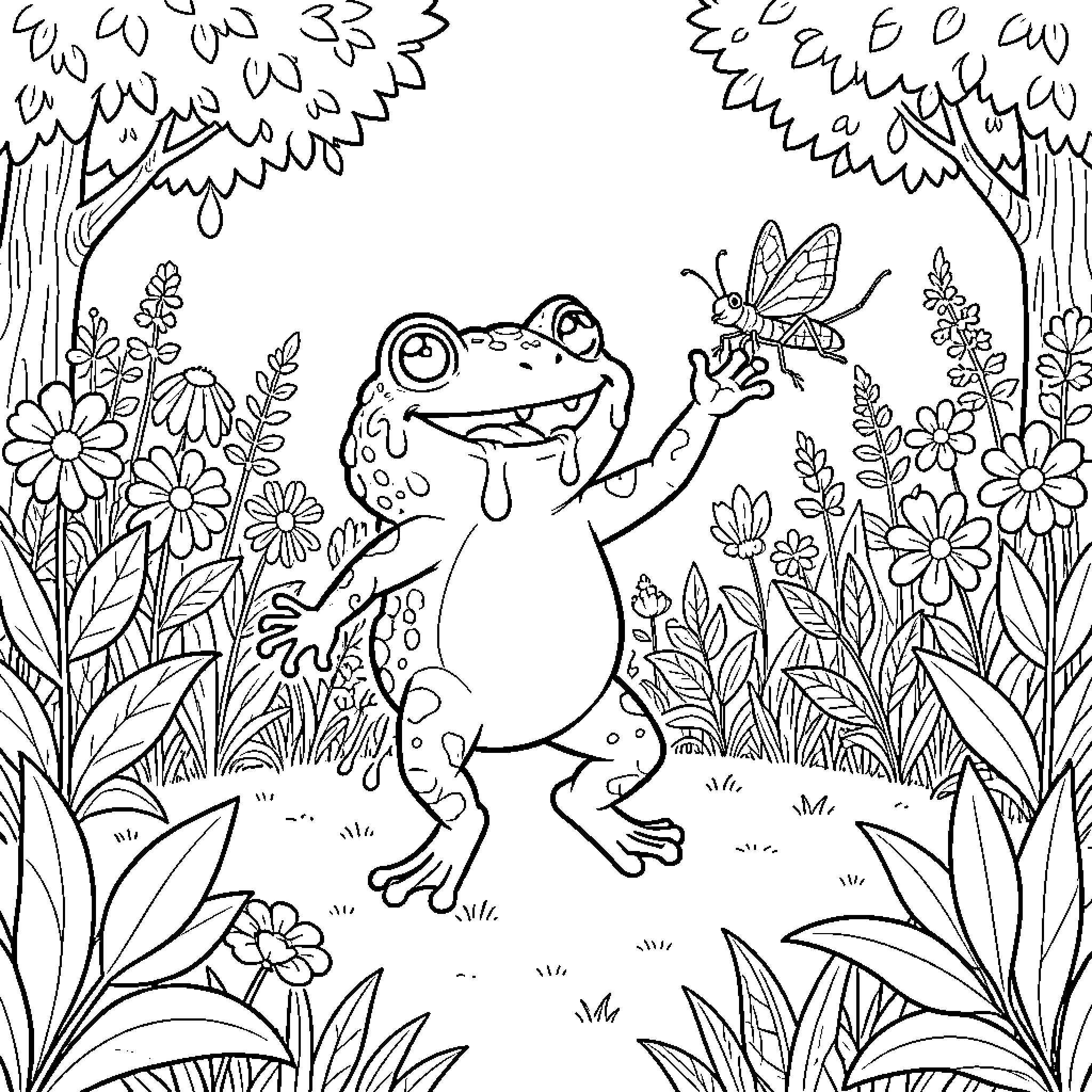 Crapaud reaching out to catch a flying insect Coloring Page (free black-and-white line drawing printable PDF for all, from beginners to advanced learners, including children, teens, adults, and seniors)