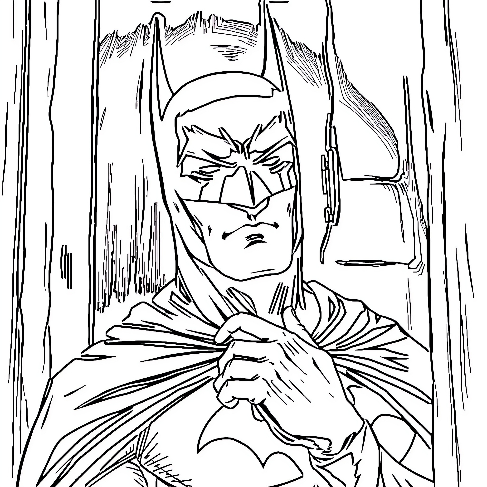 Batman in a dramatic and intense pose Coloring Page (free black-and-white line drawing printable PDF for all, from beginners to advanced learners, including children, teens, adults, and seniors)