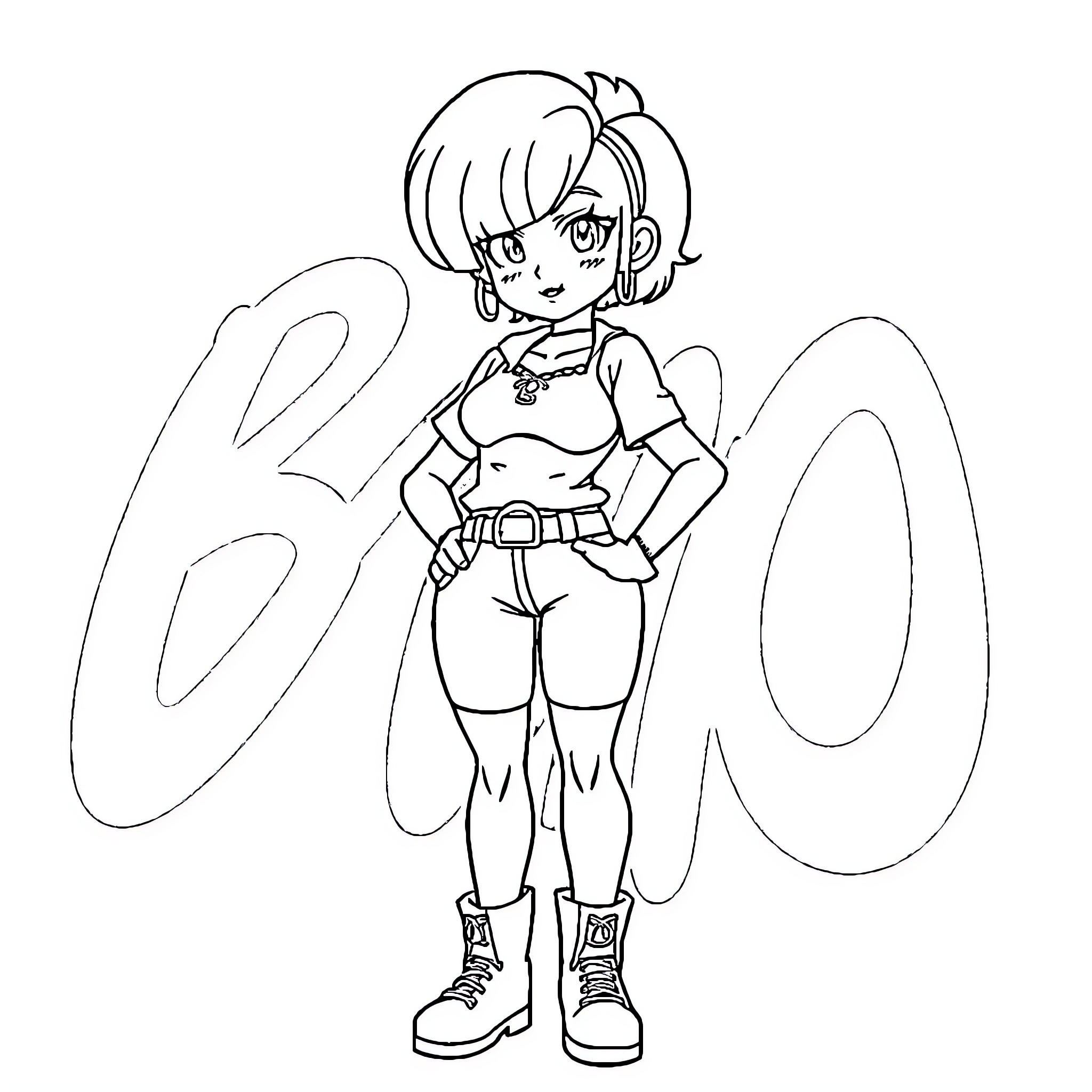 Bulma Expressing Confidence in Iconic Outfit Coloring Page (free black-and-white line drawing printable PDF for all, from beginners to advanced learners, including children, teens, adults, and seniors)