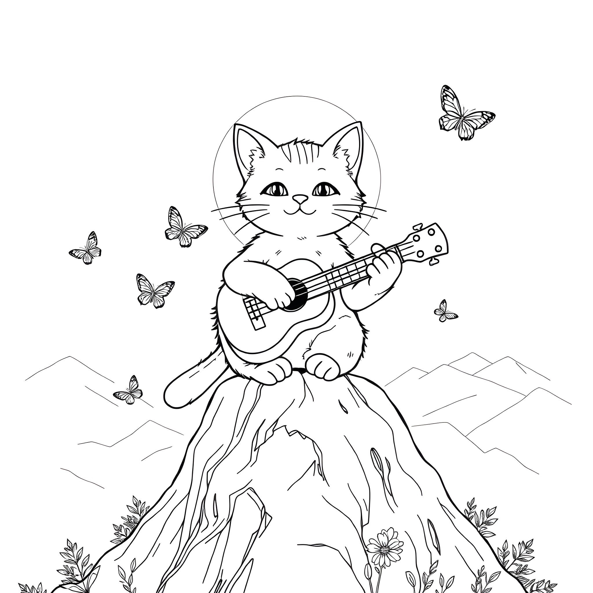 Cat playing guitar in the mountains with butterflies Coloring Page (free black-and-white line drawing printable PDF for all, from beginners to advanced learners, including children, teens, adults, and seniors)