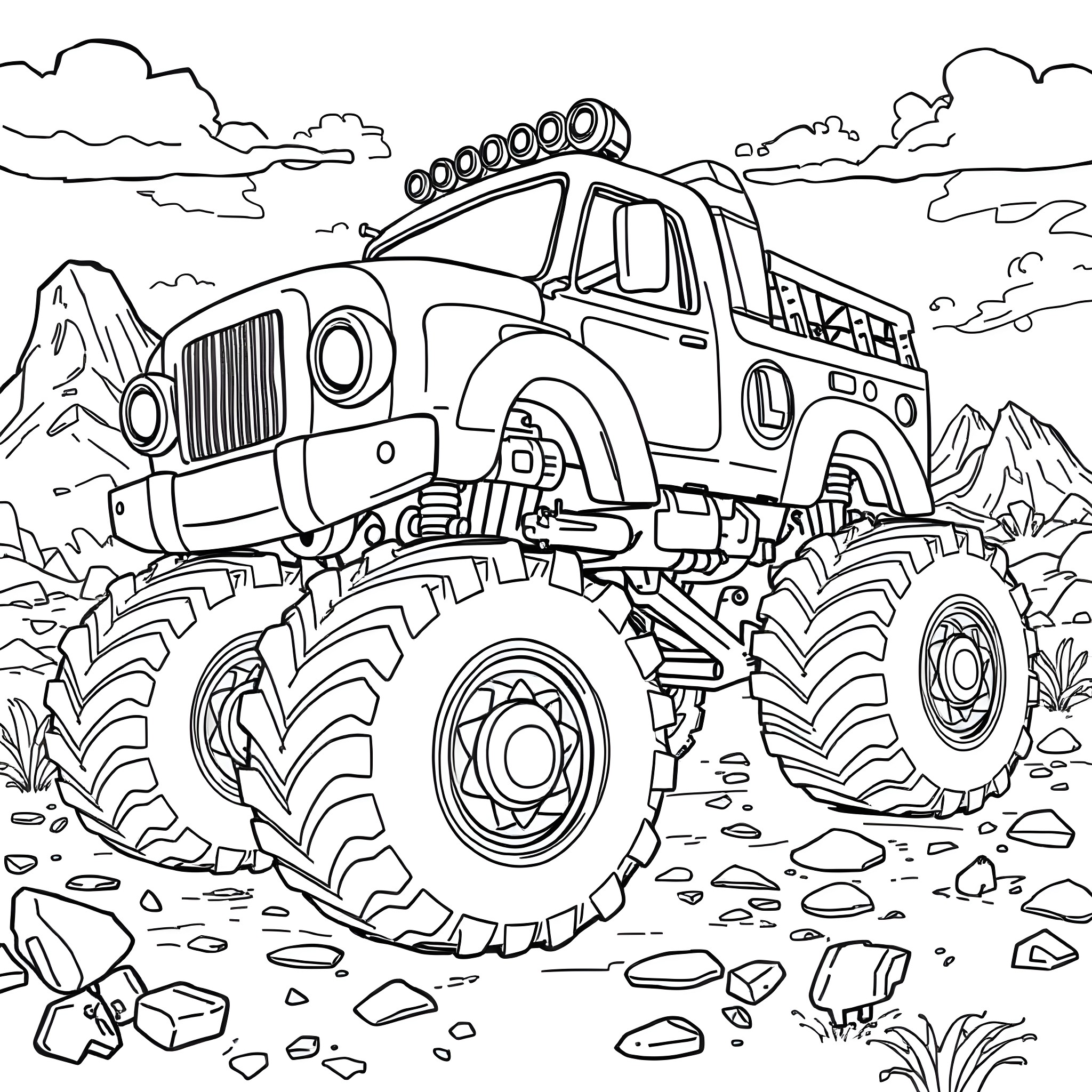 Monster Truck Tackling Rugged Terrain Coloring Page (free black-and-white line drawing printable PDF for all, from beginners to advanced learners, including children, teens, adults, and seniors)