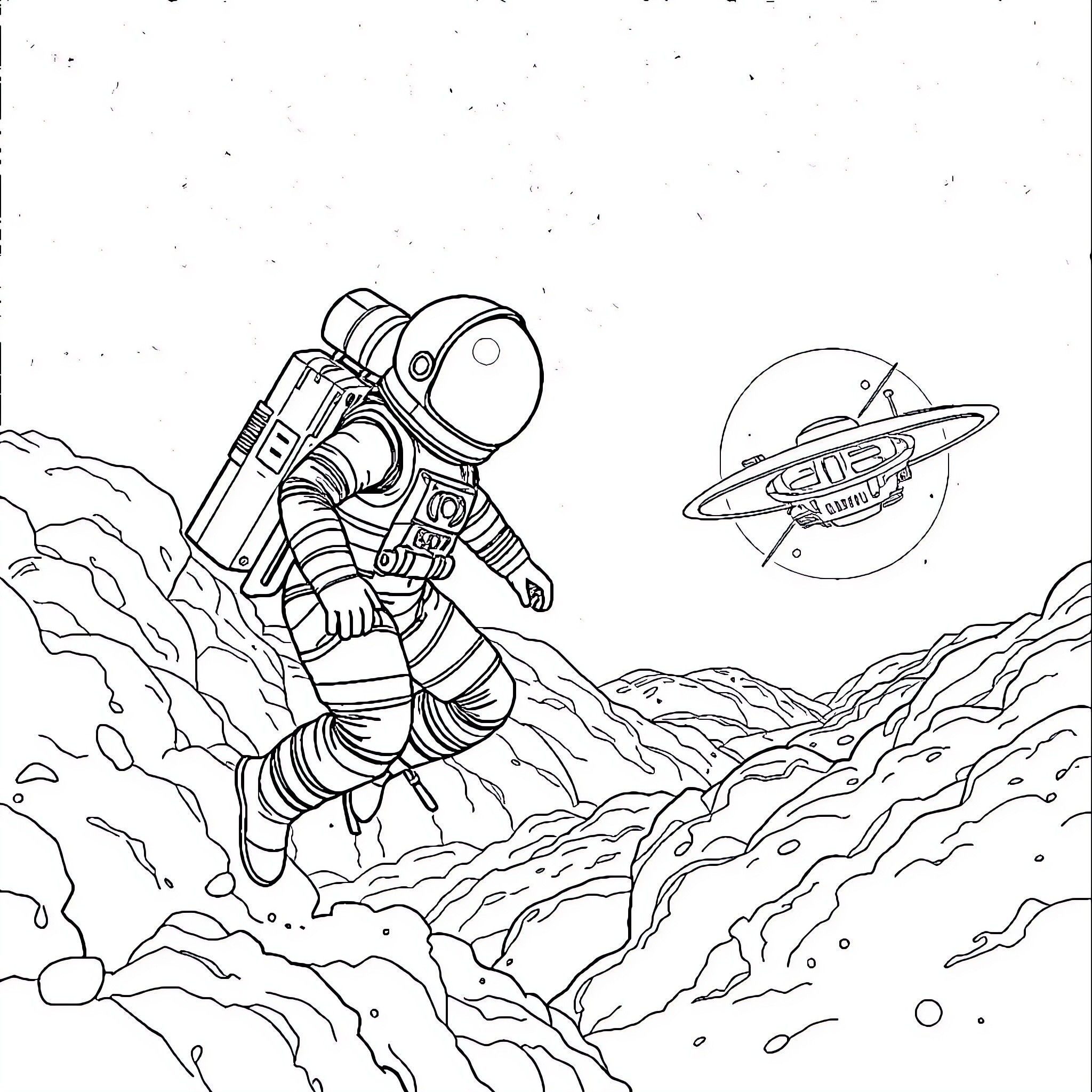 Astronaut exploring the alien landscape Coloring Page (free black-and-white line drawing printable PDF for all, from beginners to advanced learners, including children, teens, adults, and seniors)