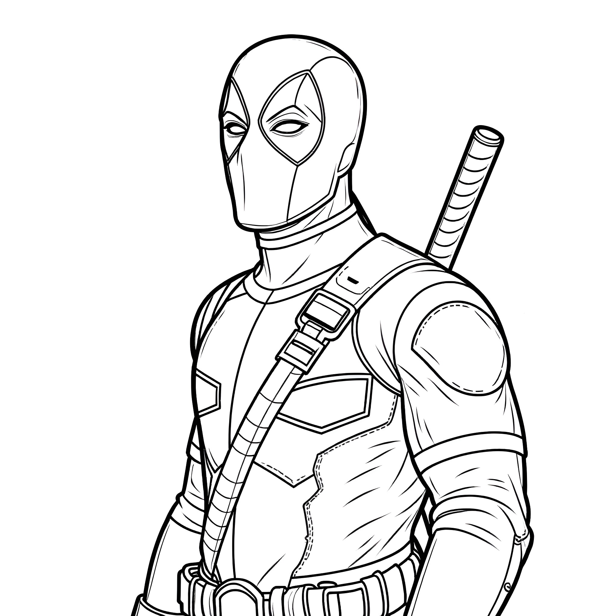 Deadpool in action-ready pose with weapons Coloring Page (free black-and-white line drawing printable PDF for all, from beginners to advanced learners, including children, teens, adults, and seniors)